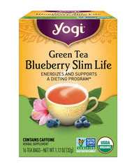 Yogi Green Tea Blueberry Slim Life teabags energize mornings with a refreshing aroma.