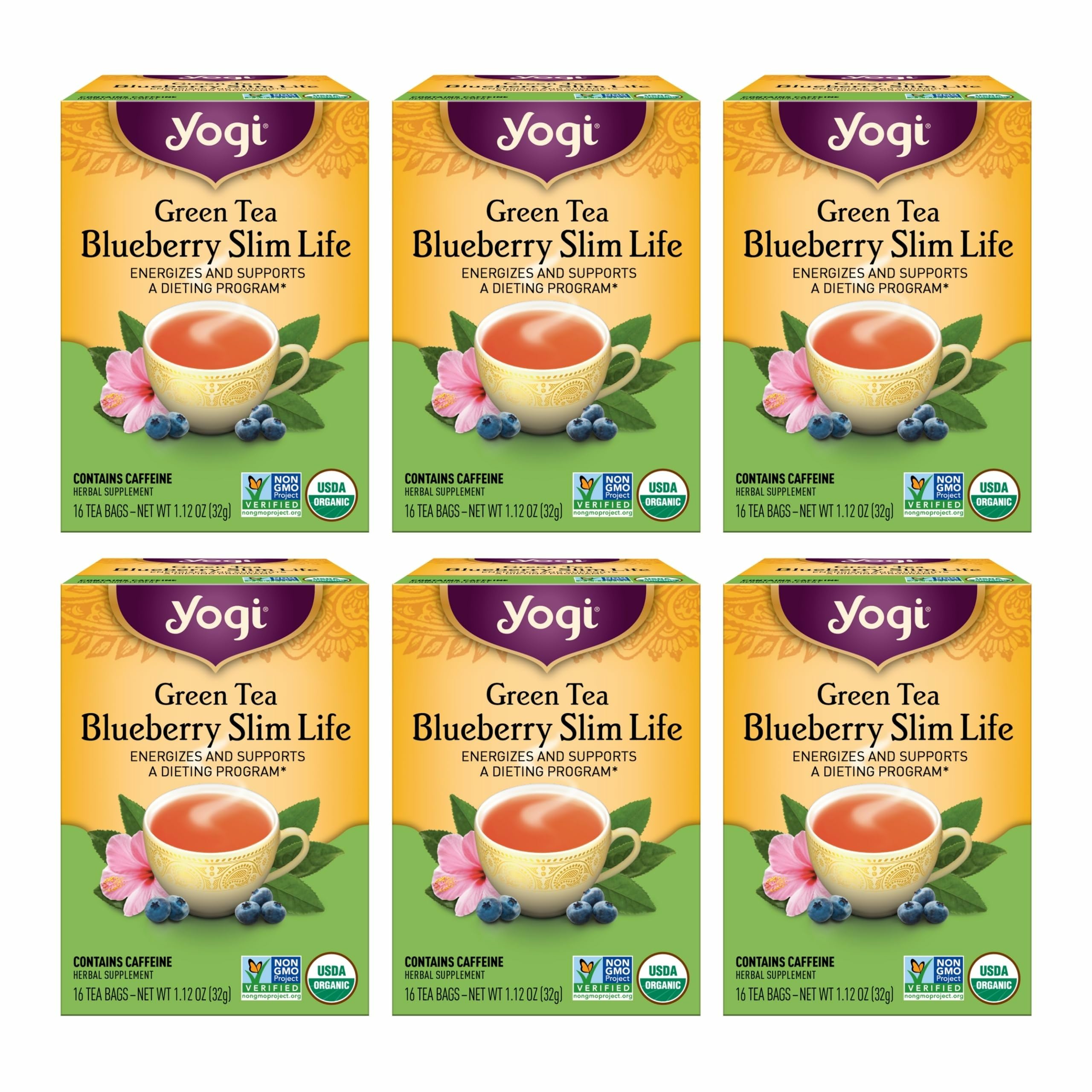 Yogi Green Tea Blueberry Slim Life pack front with organic ingredients for a refreshing boost.