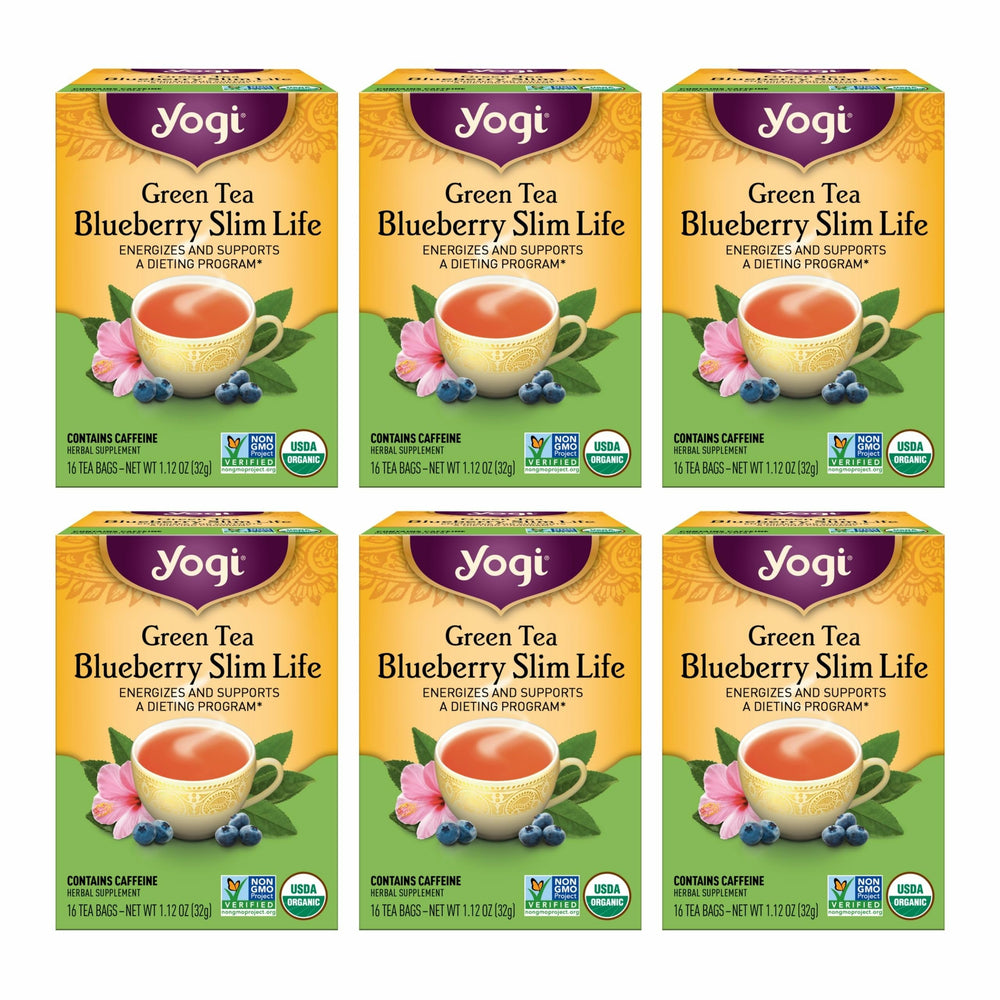 Yogi Green Tea Blueberry Slim Life pack front with organic ingredients for a refreshing boost.