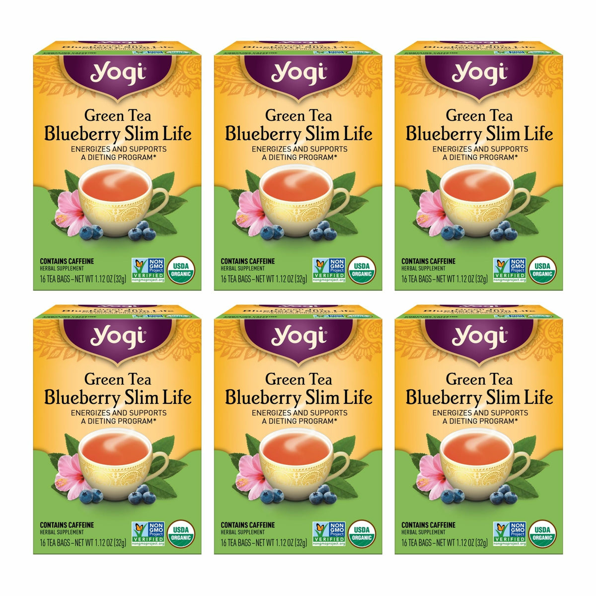 Yogi Green Tea Blueberry Slim Life pack front with organic ingredients for a refreshing boost.