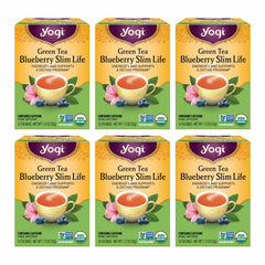 Yogi Green Tea Blueberry Slim Life pack front with organic ingredients for a refreshing boost.