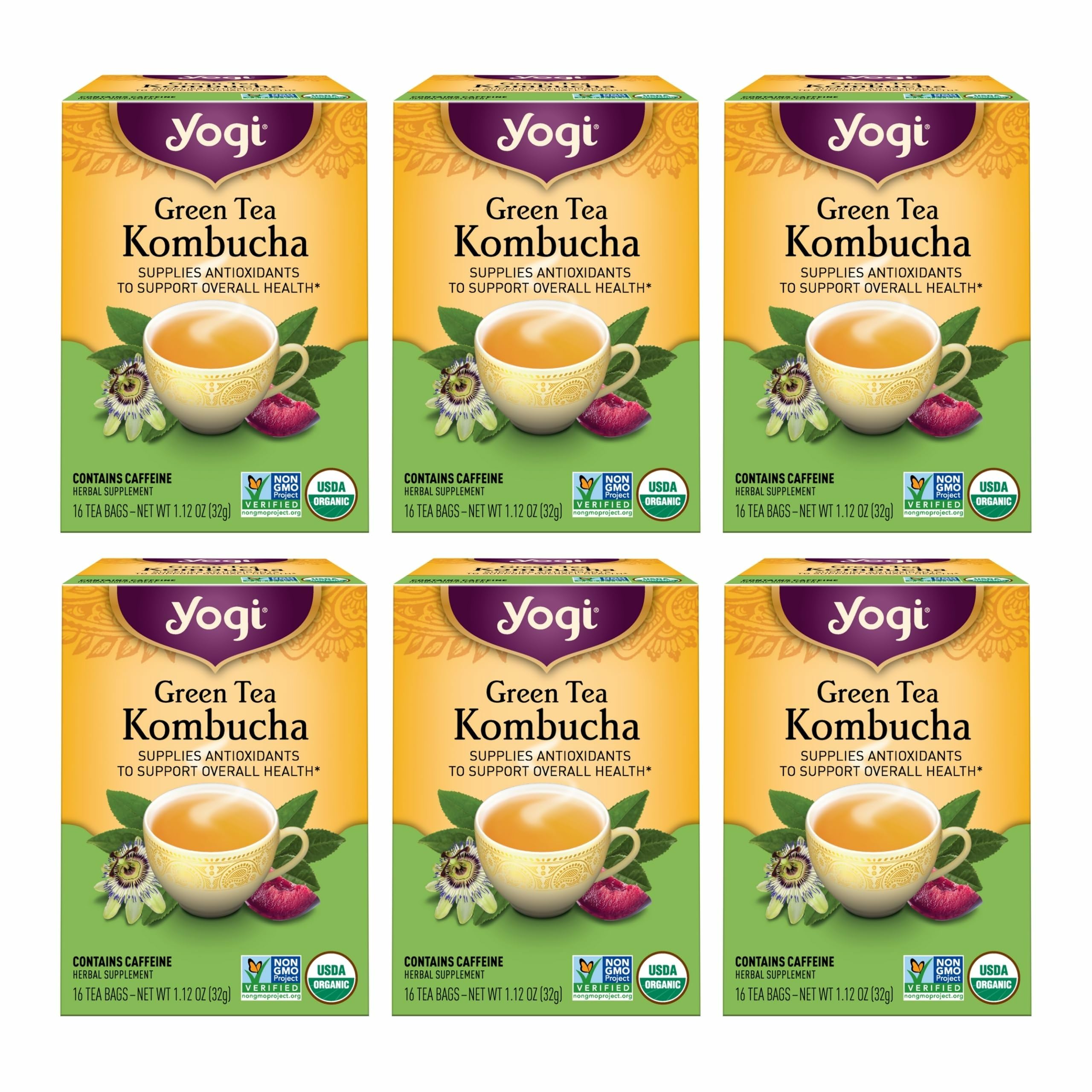 Yogi Green Tea Kombucha tea bags in a box for a convenient antioxidant boost.