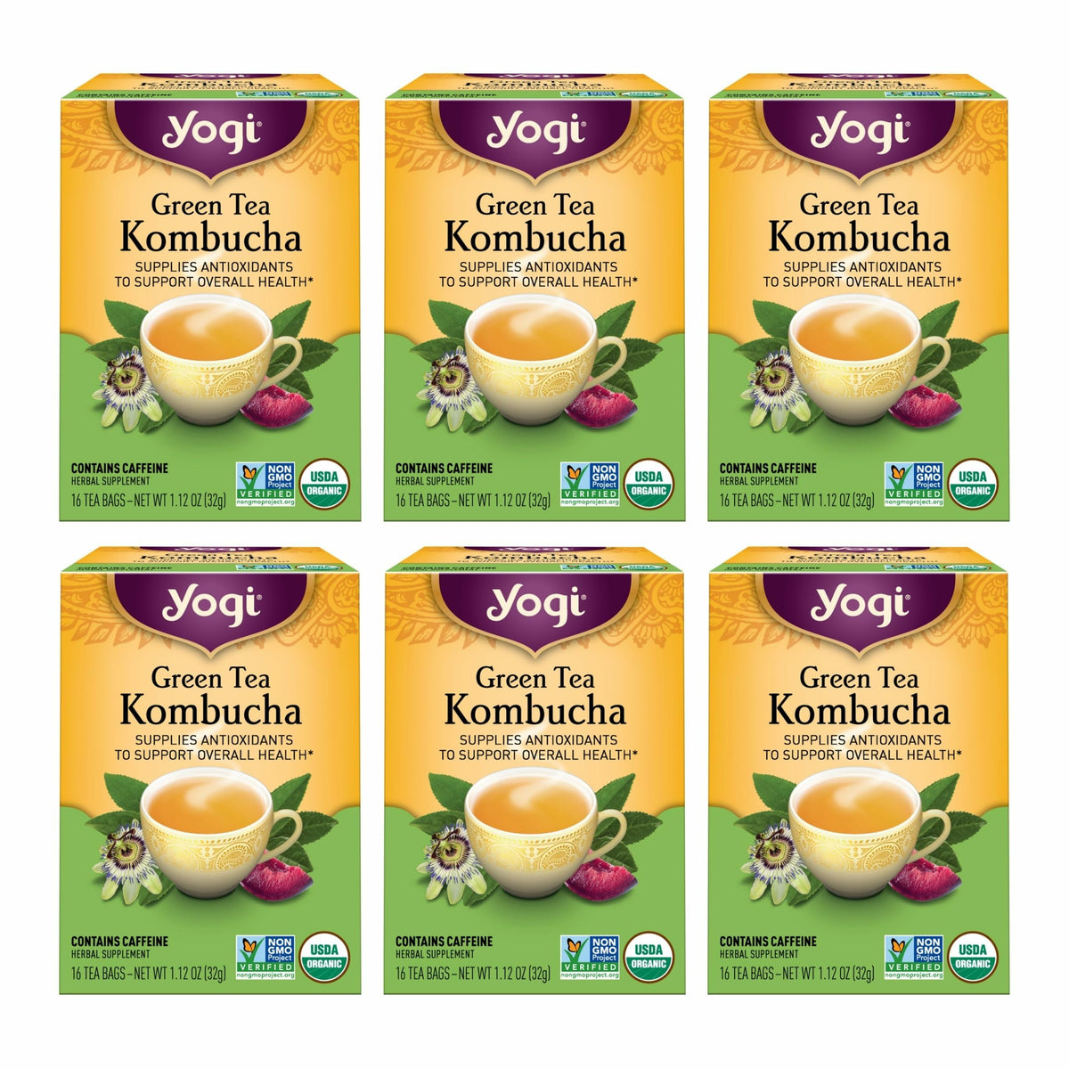 Yogi Green Tea Kombucha tea bags in a box for a convenient antioxidant boost.