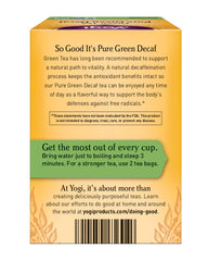 Yogi Green Tea Pure Green Decaf organic label signaling quality and sustainability.