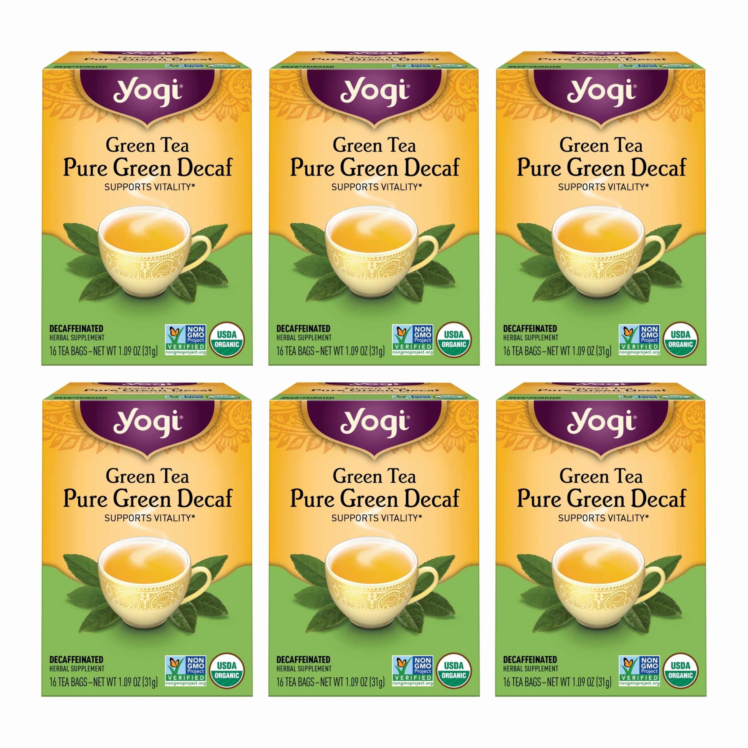 Yogi Green Tea Pure Green Decaf packaging highlights organic quality and low caffeine.