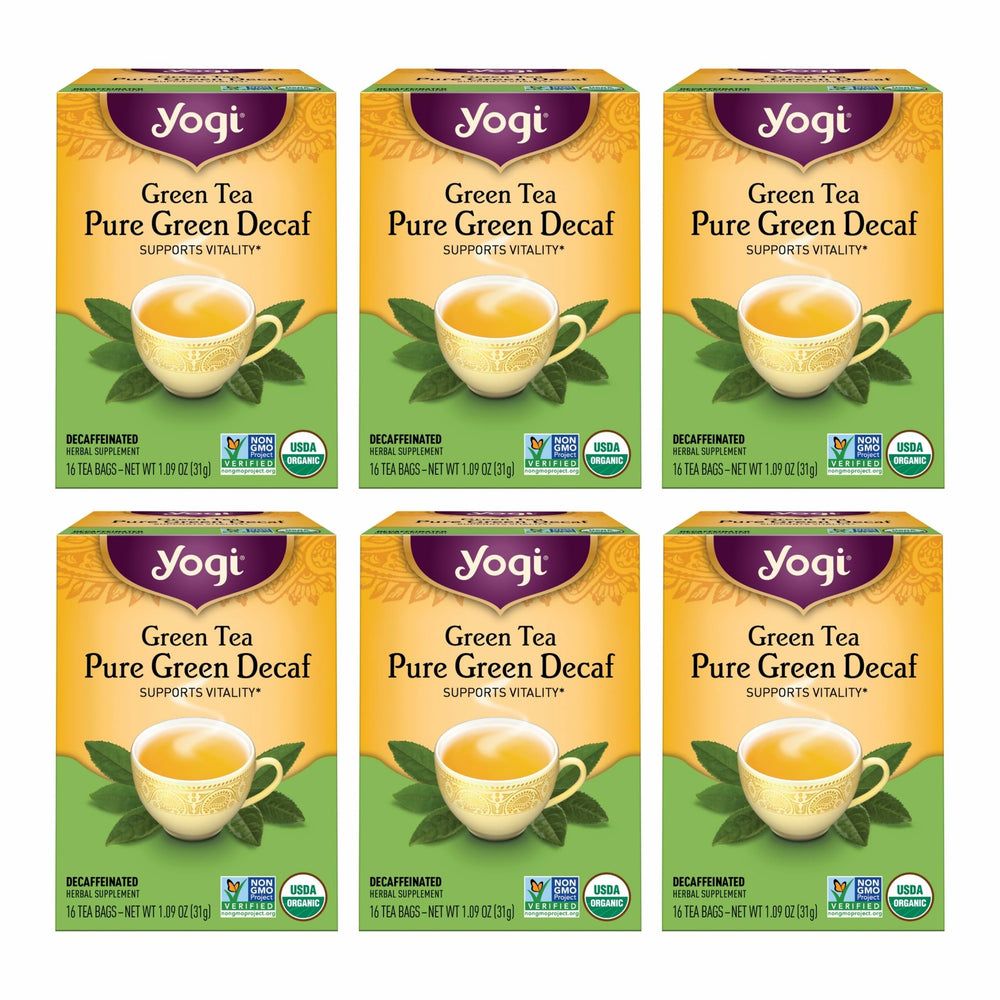 Yogi Green Tea Pure Green Decaf packaging highlights organic quality and low caffeine.