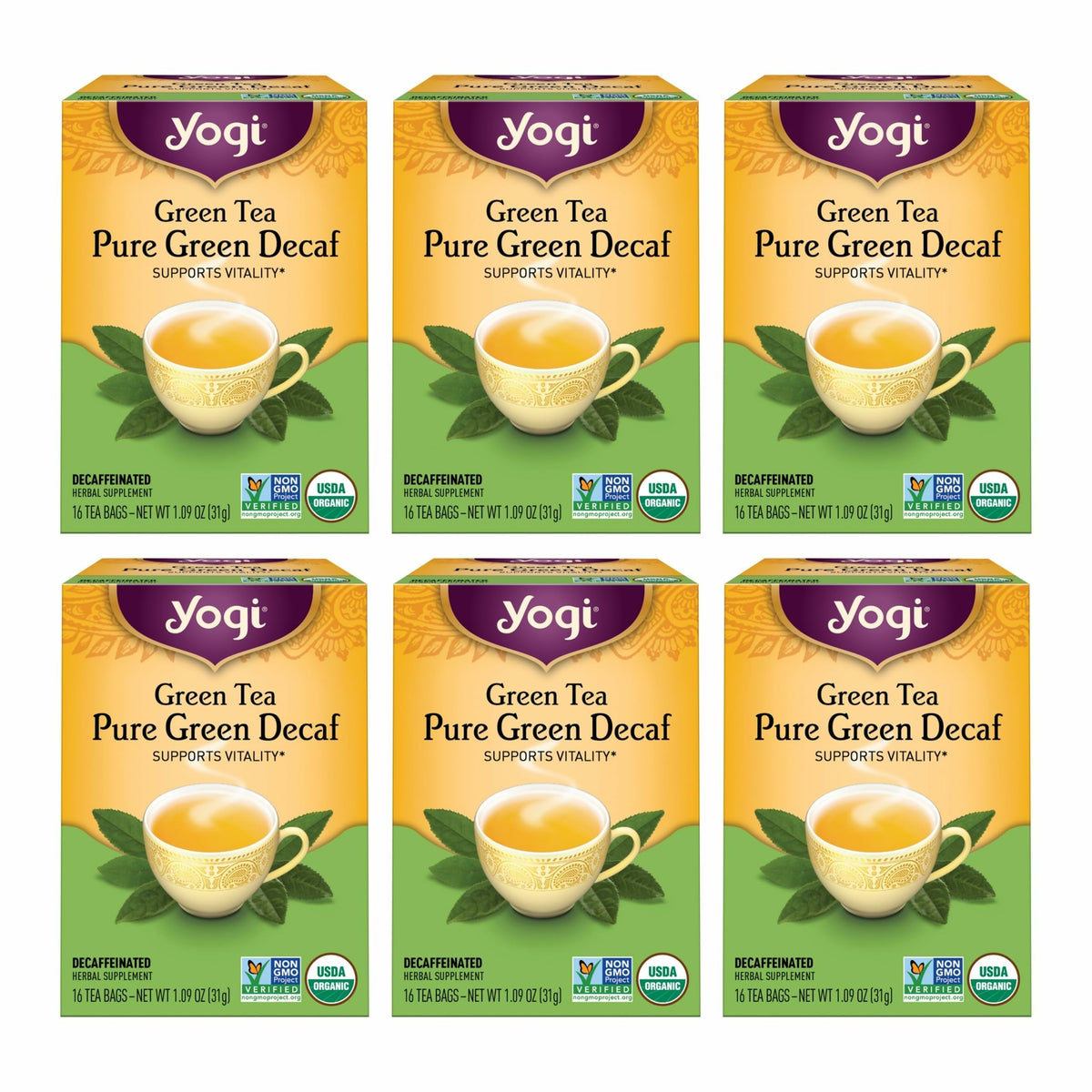 Yogi Green Tea Pure Green Decaf packaging highlights organic quality and low caffeine.