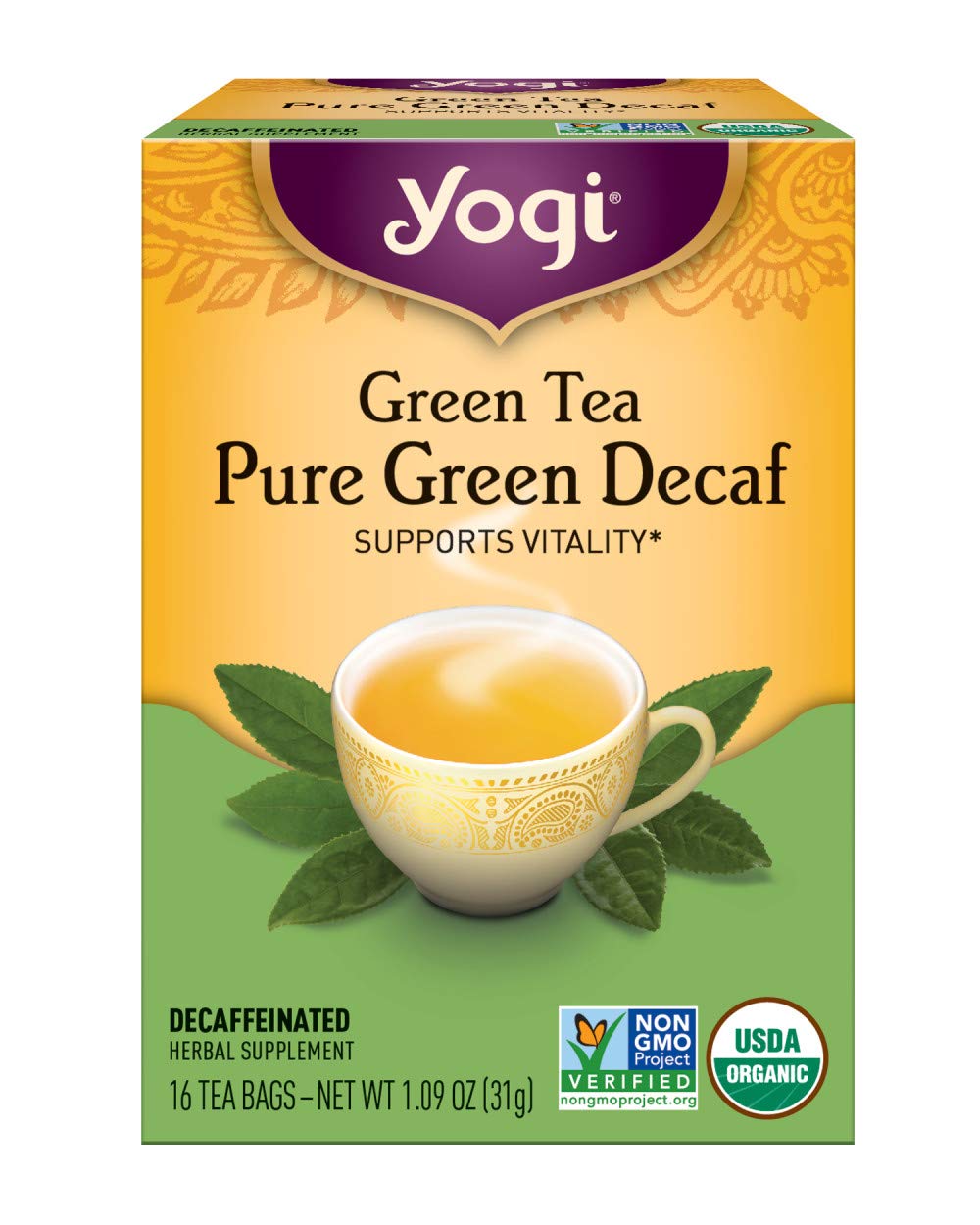 Yogi Green Tea Pure Green Decaf tea bag ready to infuse antioxidants in your cup.