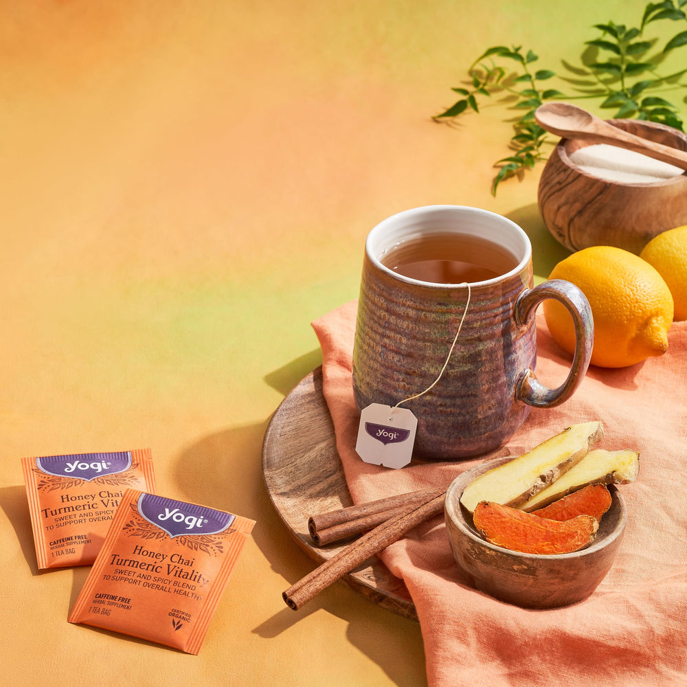 Yogi Honey Chai Turmeric Vitality organic label, kosher and non-GMO assurances on display.