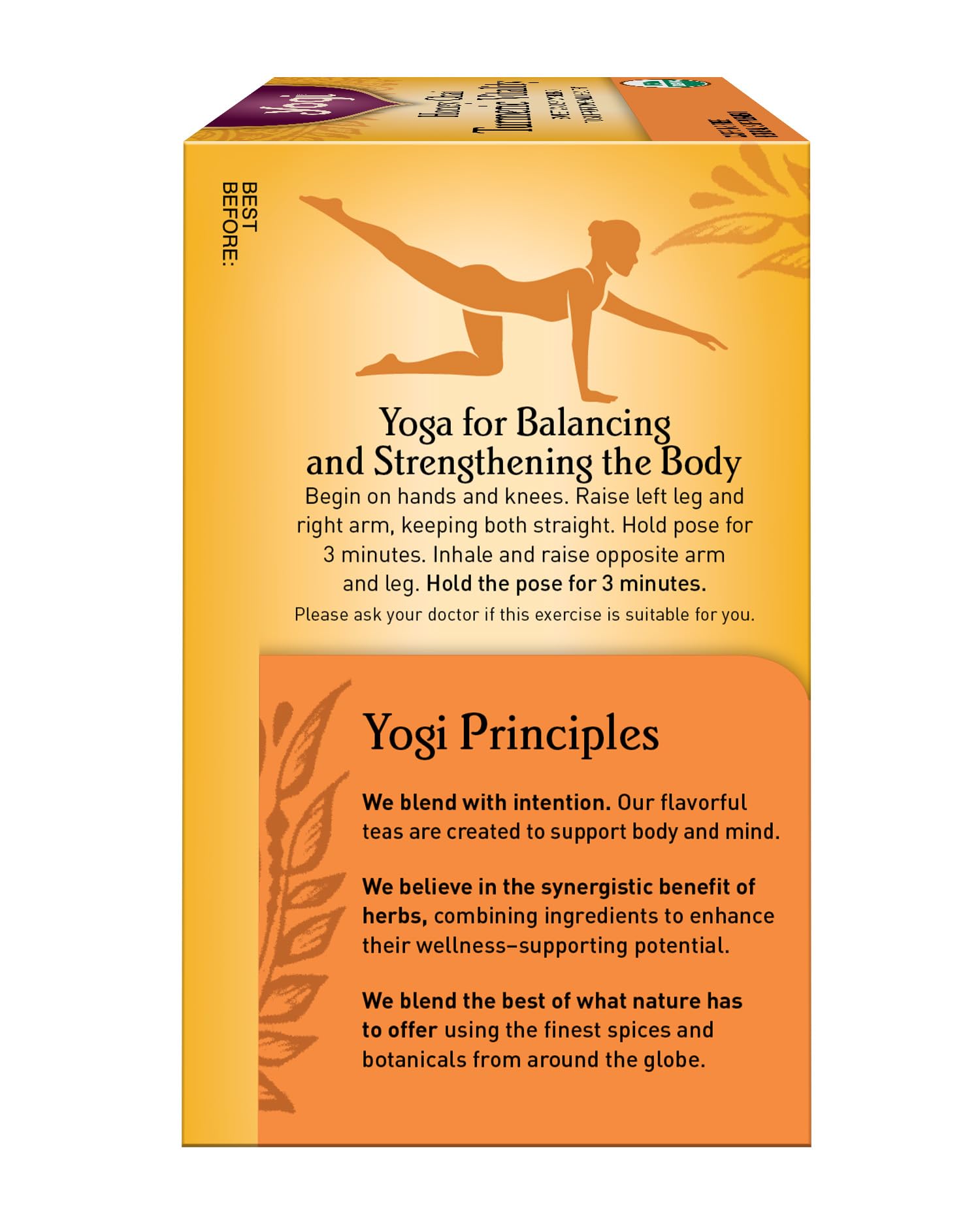 Yogi Honey Chai Turmeric Vitality packaging close-up, LEED-certified and ethical sourcing emphasis.