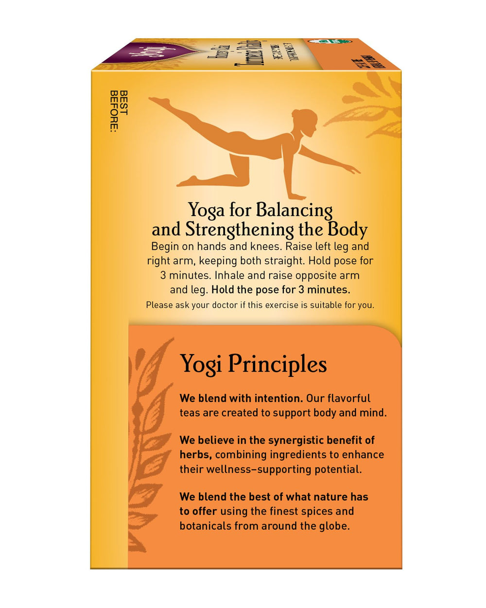 Yogi Honey Chai Turmeric Vitality packaging close-up, LEED-certified and ethical sourcing emphasis.