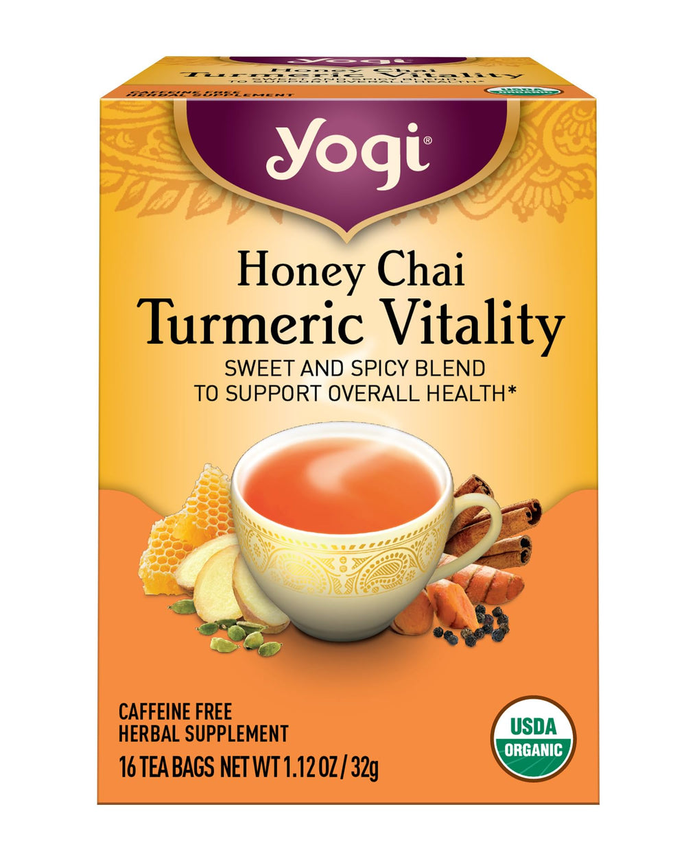 Yogi Honey Chai Turmeric Vitality tea bag close-up, organic spices for a warming ritual.