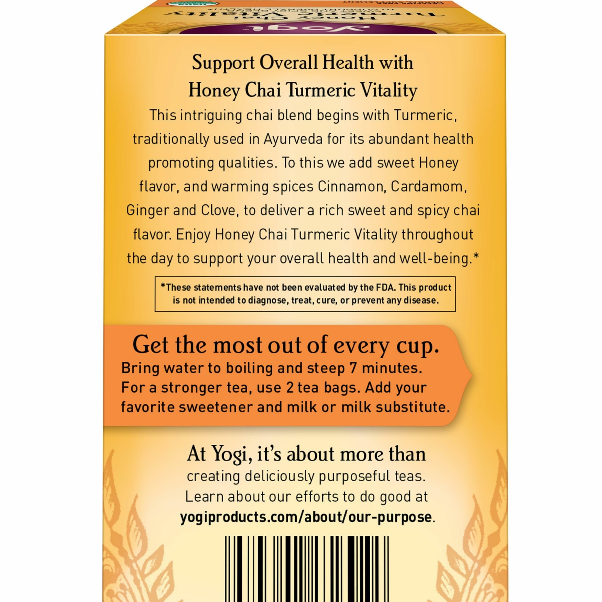 A brewed cup of Yogi Honey Chai Turmeric Vitality Tea with steam