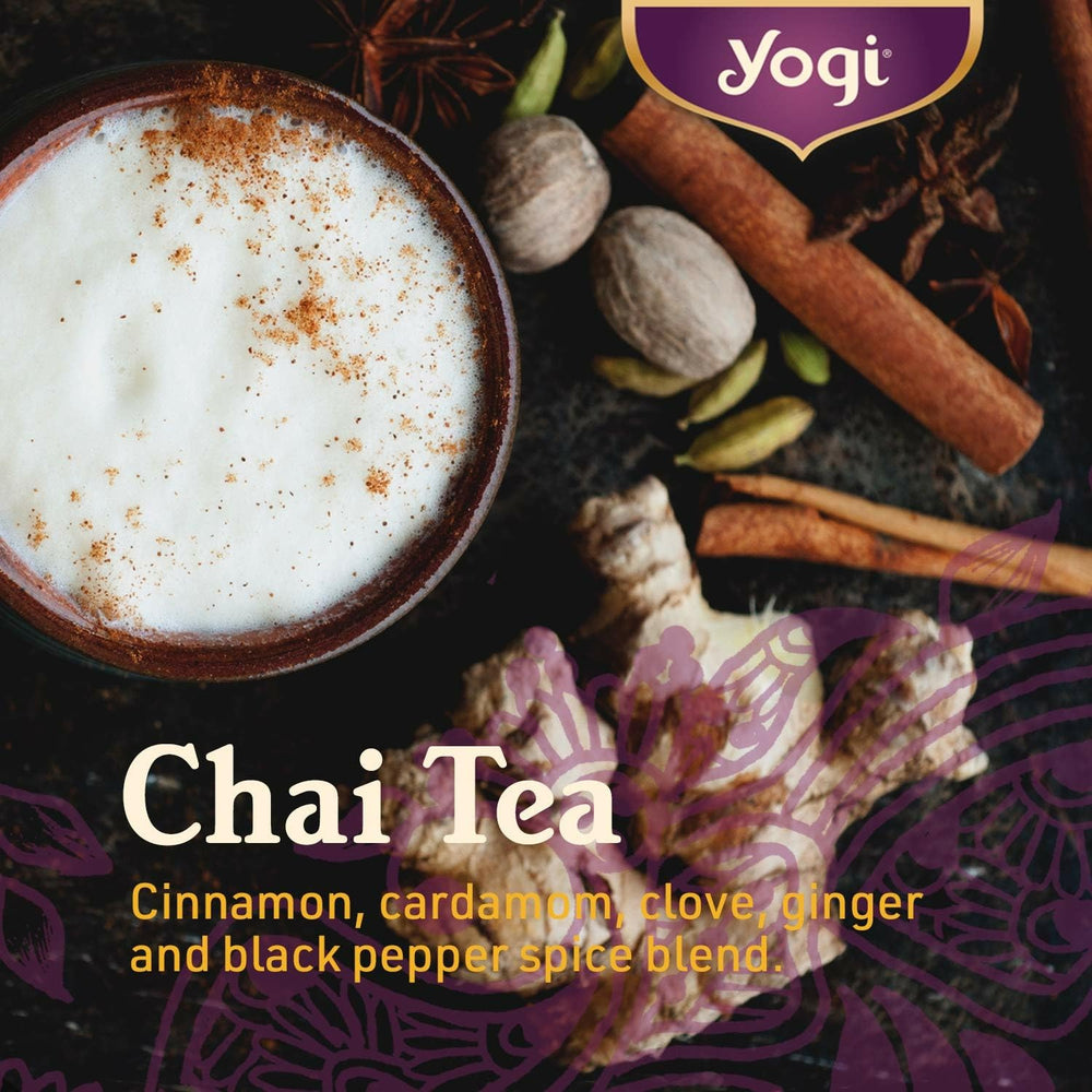 Cinnamon sticks beside Yogi Honey Chai Turmeric Vitality Tea