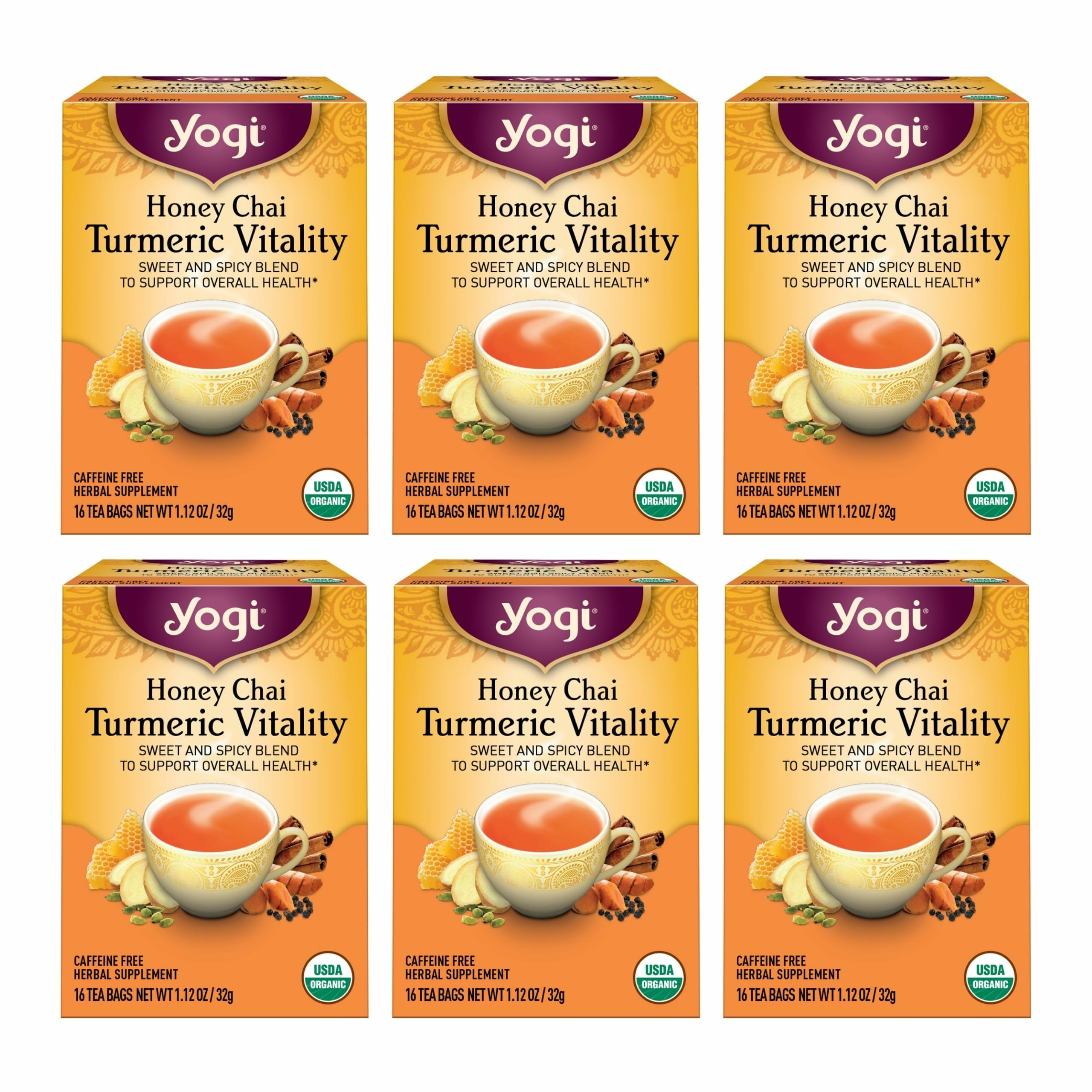Yogi Honey Chai Turmeric Vitality Tea packaging showing six-pack bundle for daily use