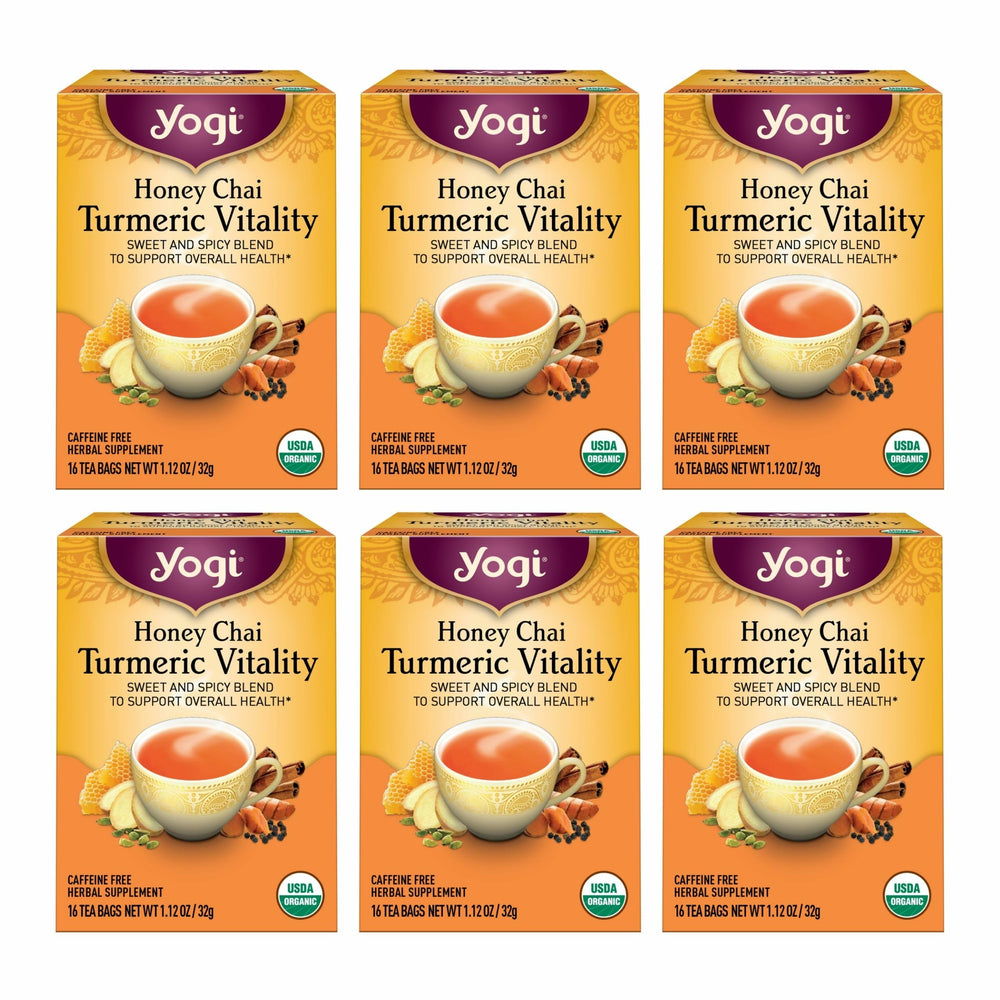 Yogi Honey Chai Turmeric Vitality Tea packaging showing six-pack bundle for daily use