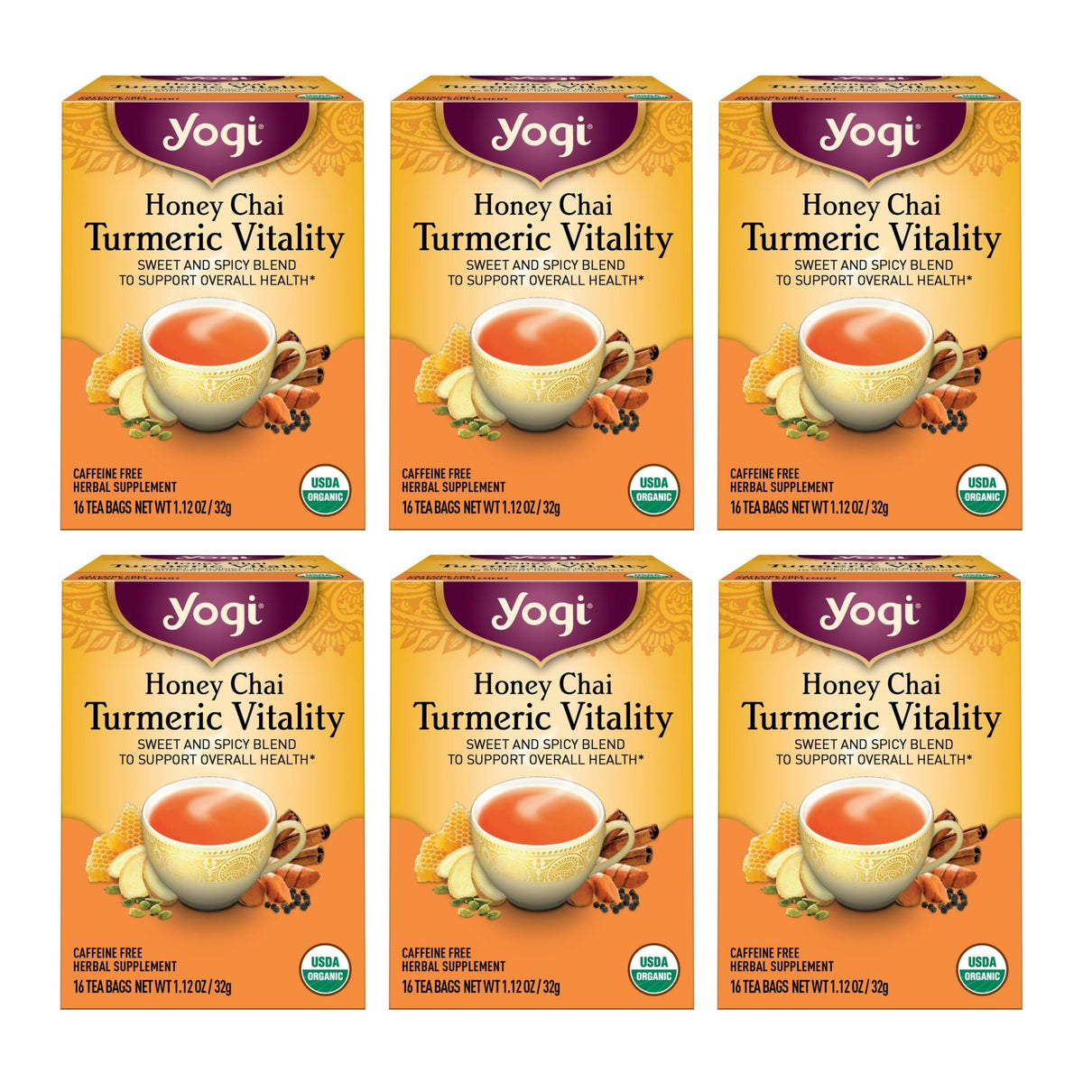Yogi Honey Chai Turmeric Vitality Tea packaging showing six-pack bundle for daily use