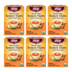 Yogi Honey Chai Turmeric Vitality Tea packaging showing six-pack bundle for daily use