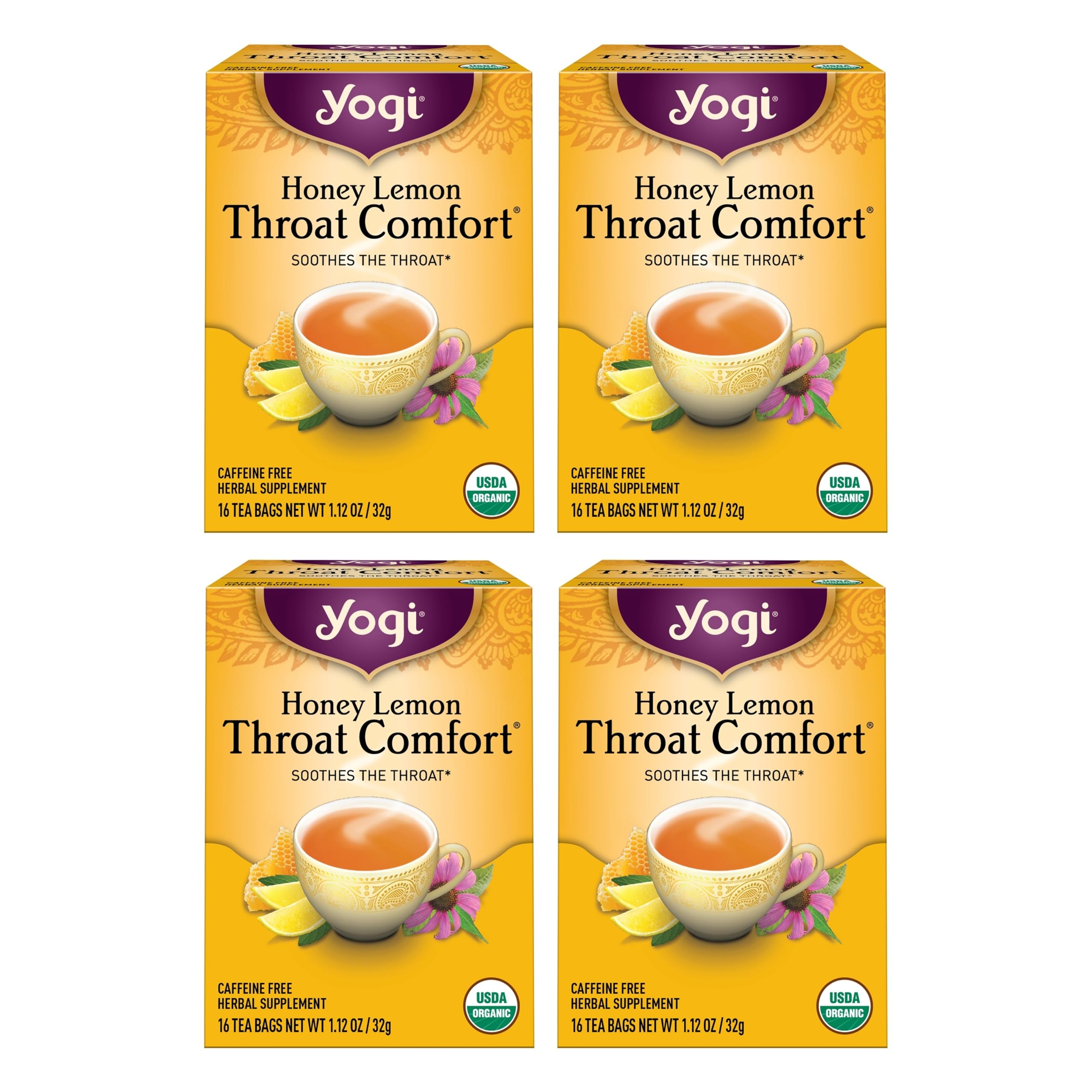Yogi Honey Lemon Throat Comfort tea bags in a box for soothing warmth.