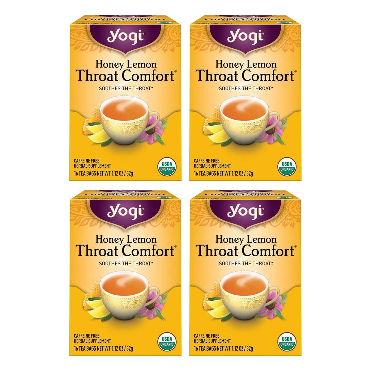 Yogi Honey Lemon Throat Comfort tea bags in a box for soothing warmth.