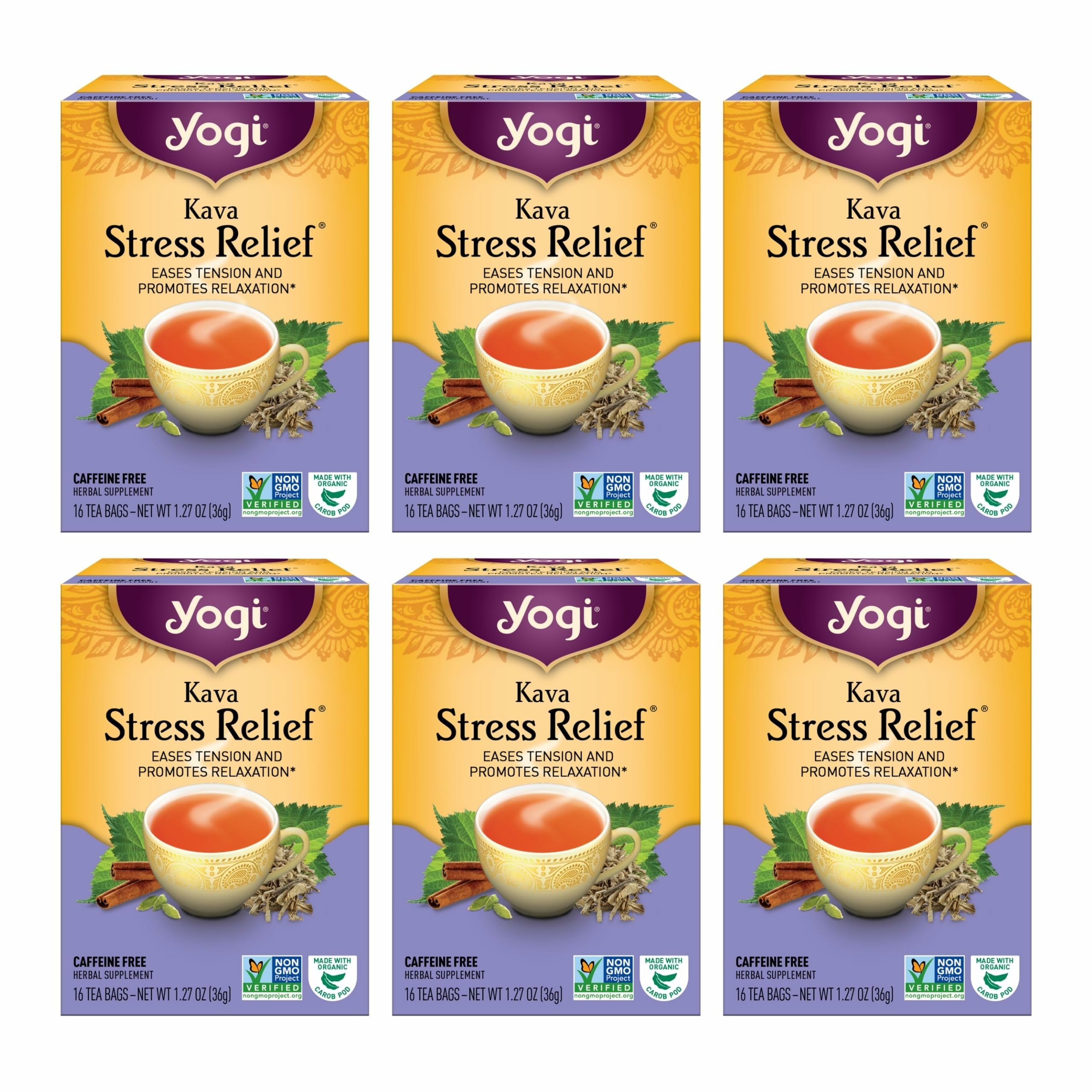 Yogi Kava Stress Relief packaging highlights six-pack convenience for on-the-go relaxation
