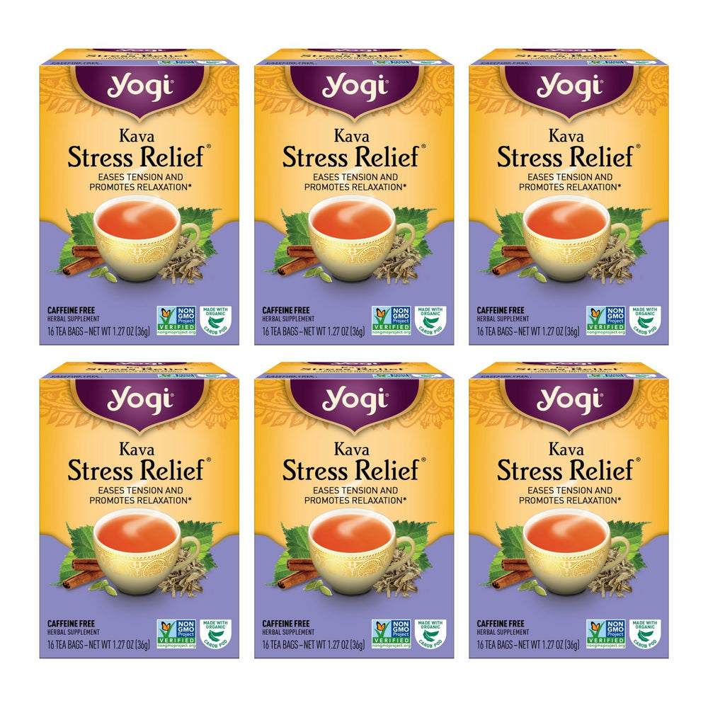 Yogi Kava Stress Relief packaging highlights six-pack convenience for on-the-go relaxation