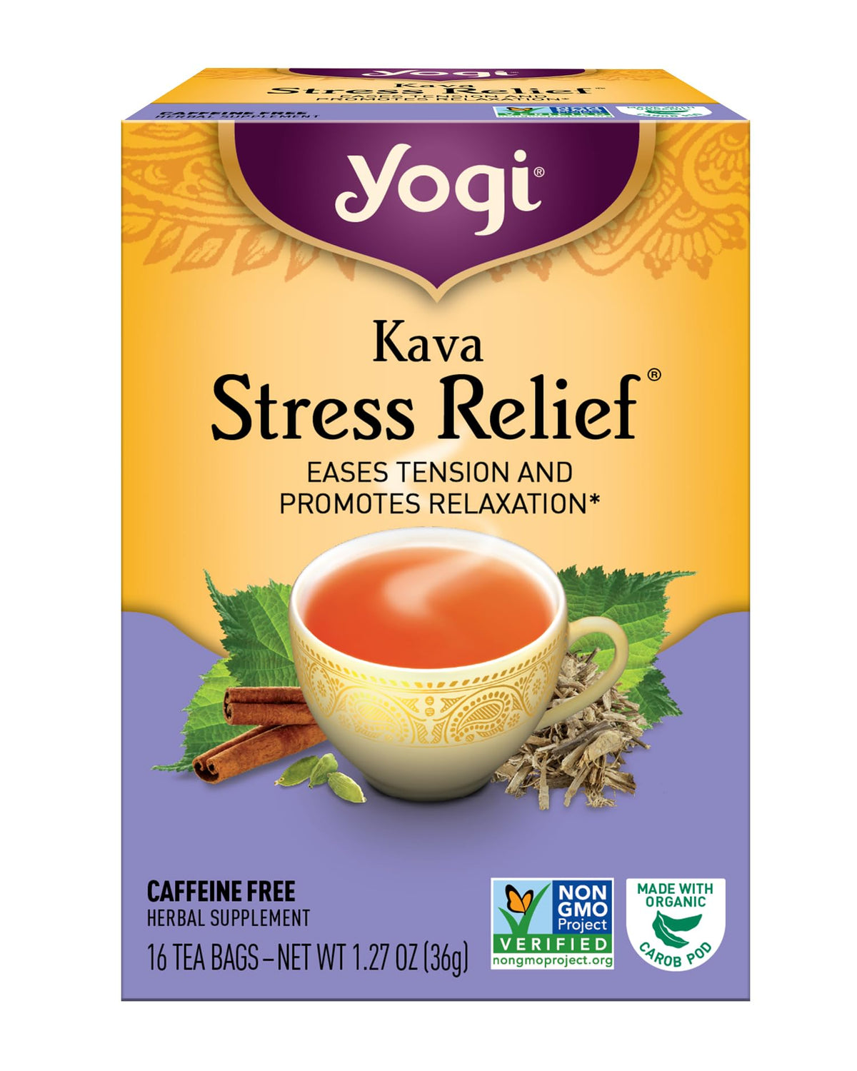 Yogi Kava Stress Relief tea box inviting calm evening ritual.