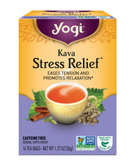 Yogi Kava Stress Relief tea box inviting calm evening ritual.