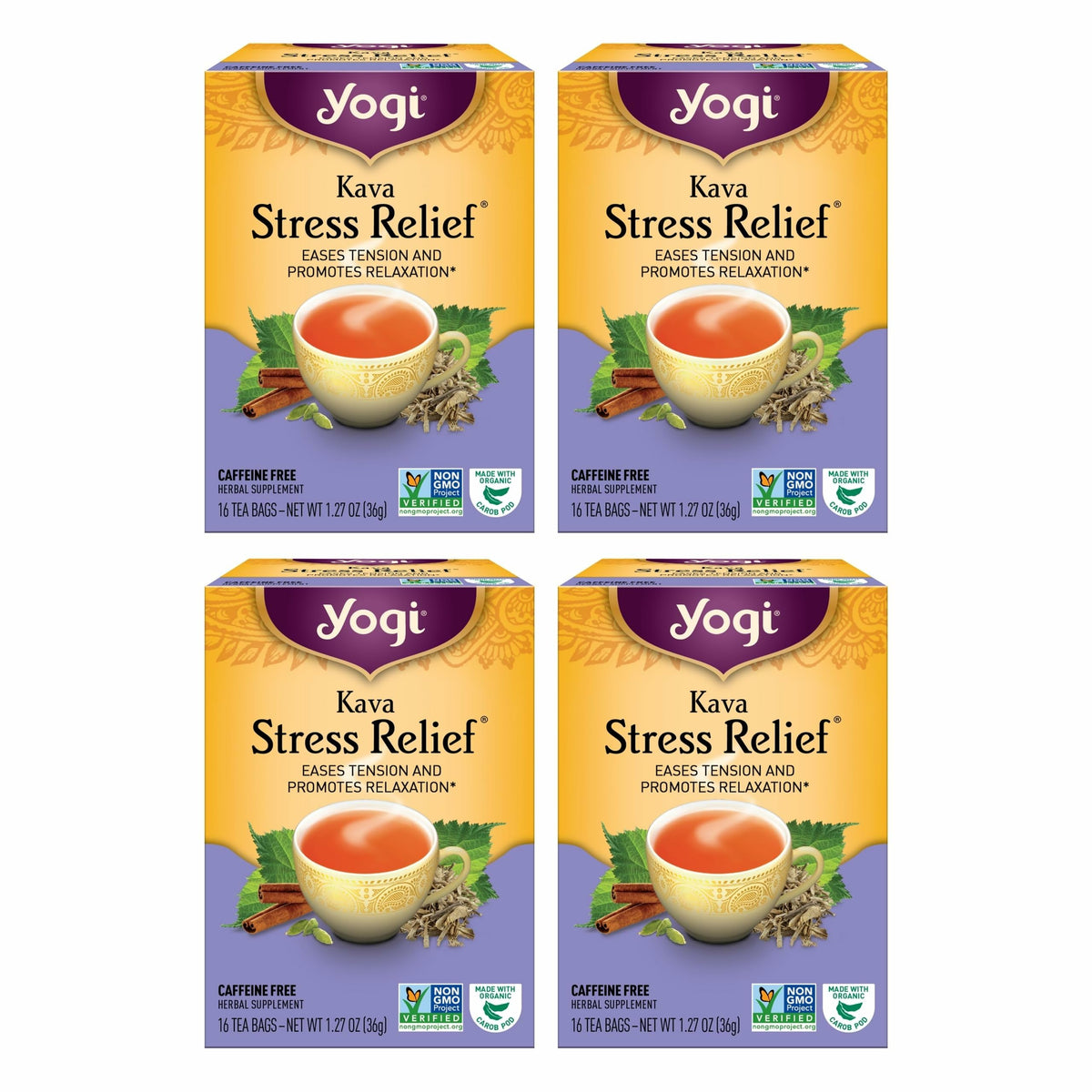 Yogi Kava Stress Relief Tea packaging suggesting a calming evening routine