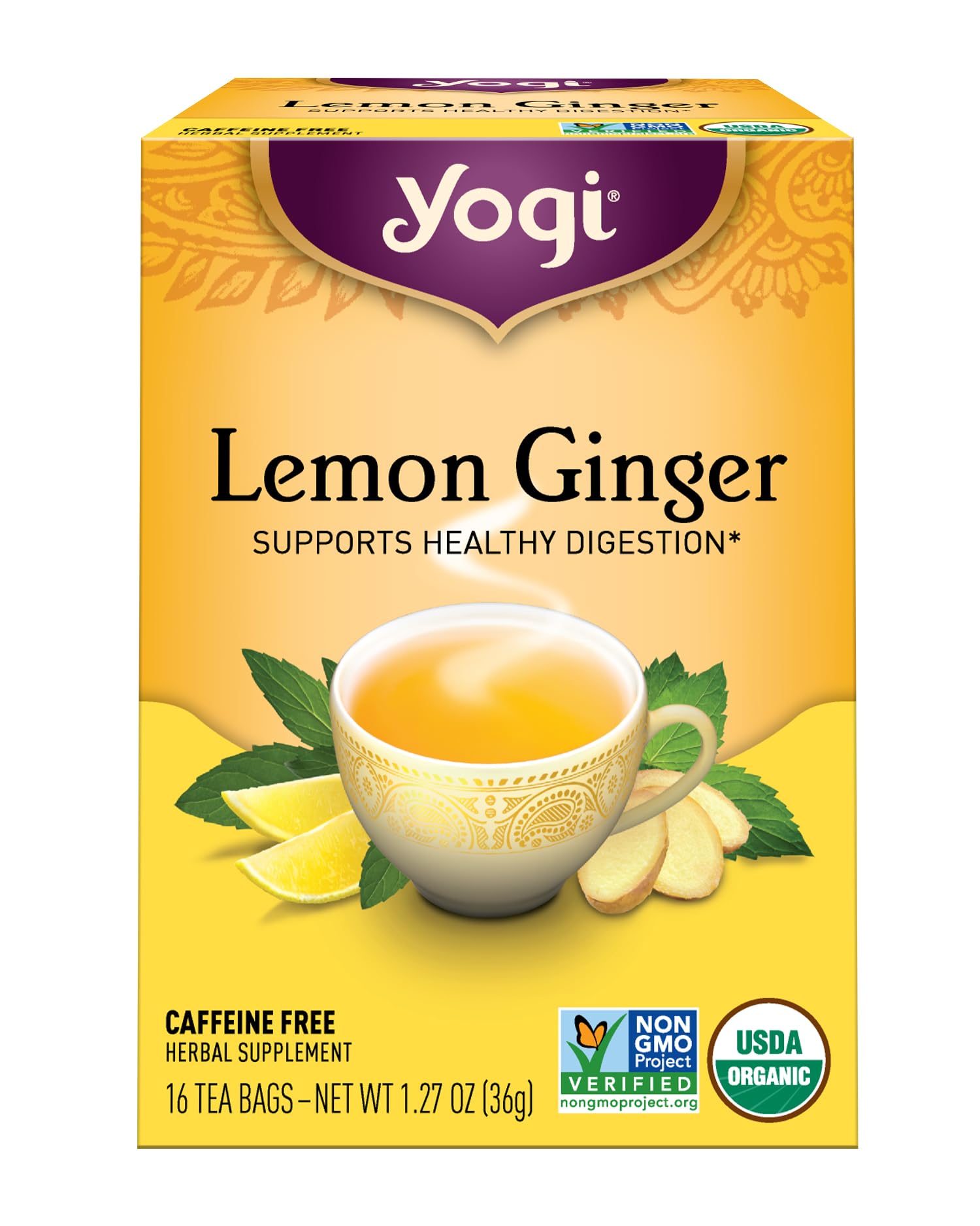 Yogi Lemon Ginger tea bag steeping in a cup for comforting infusion.