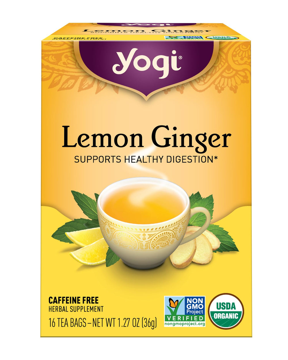 Yogi Lemon Ginger tea bag steeping in a cup for comforting infusion.