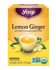 Yogi Lemon Ginger tea bag steeping in a cup for comforting infusion.
