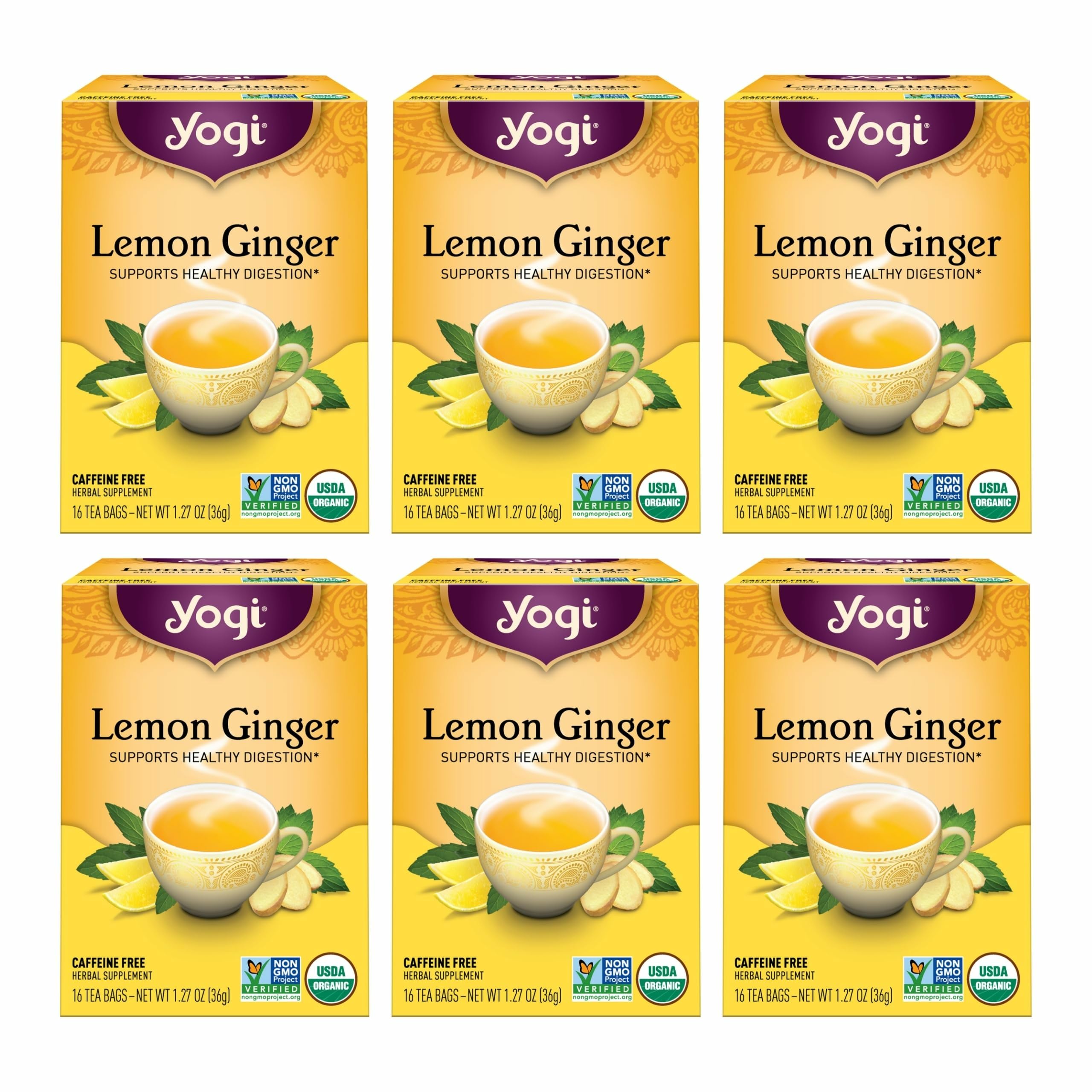 Yogi Lemon Ginger Tea front packaging highlighting an organic blend for daily comfort.