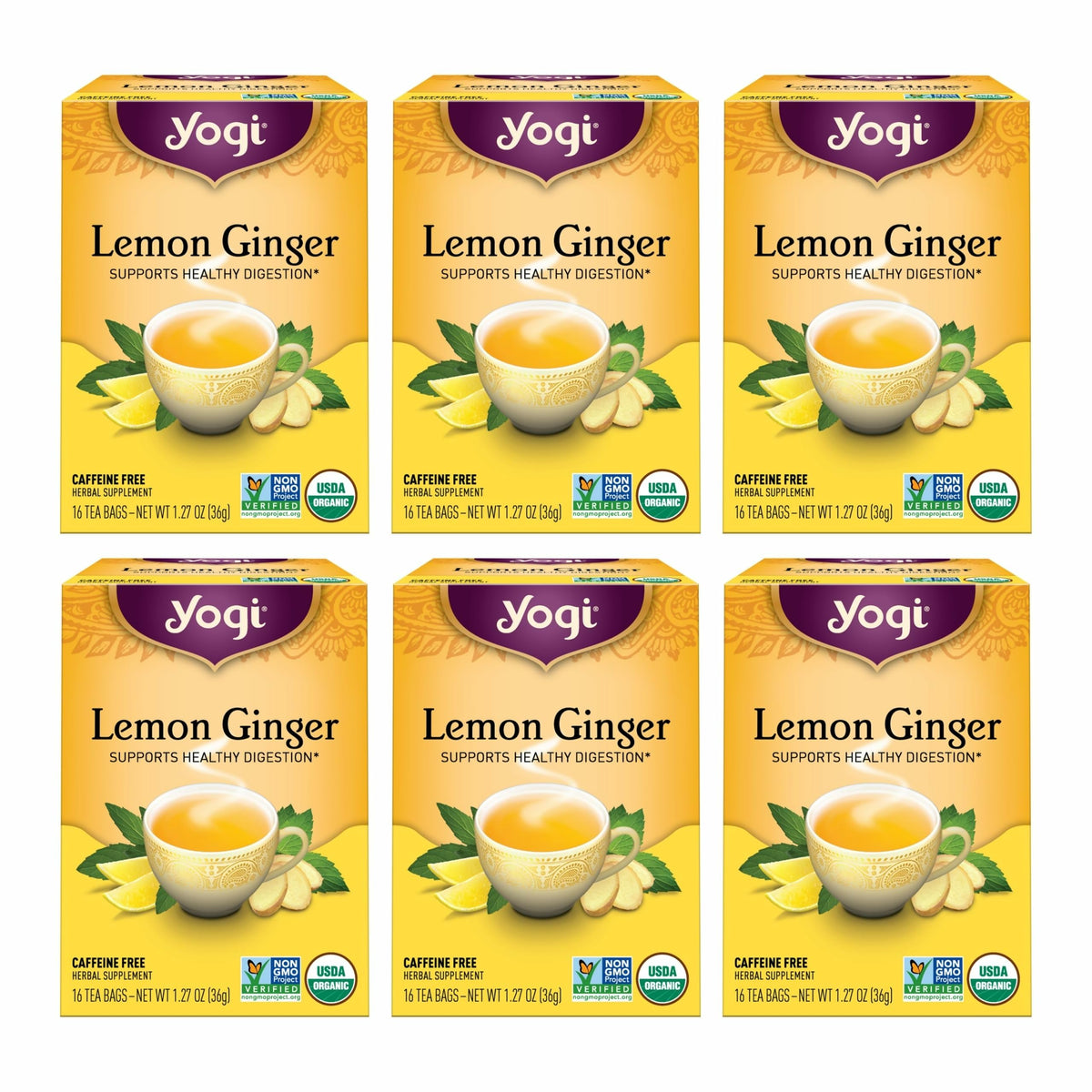 Yogi Lemon Ginger Tea front packaging highlighting an organic blend for daily comfort.