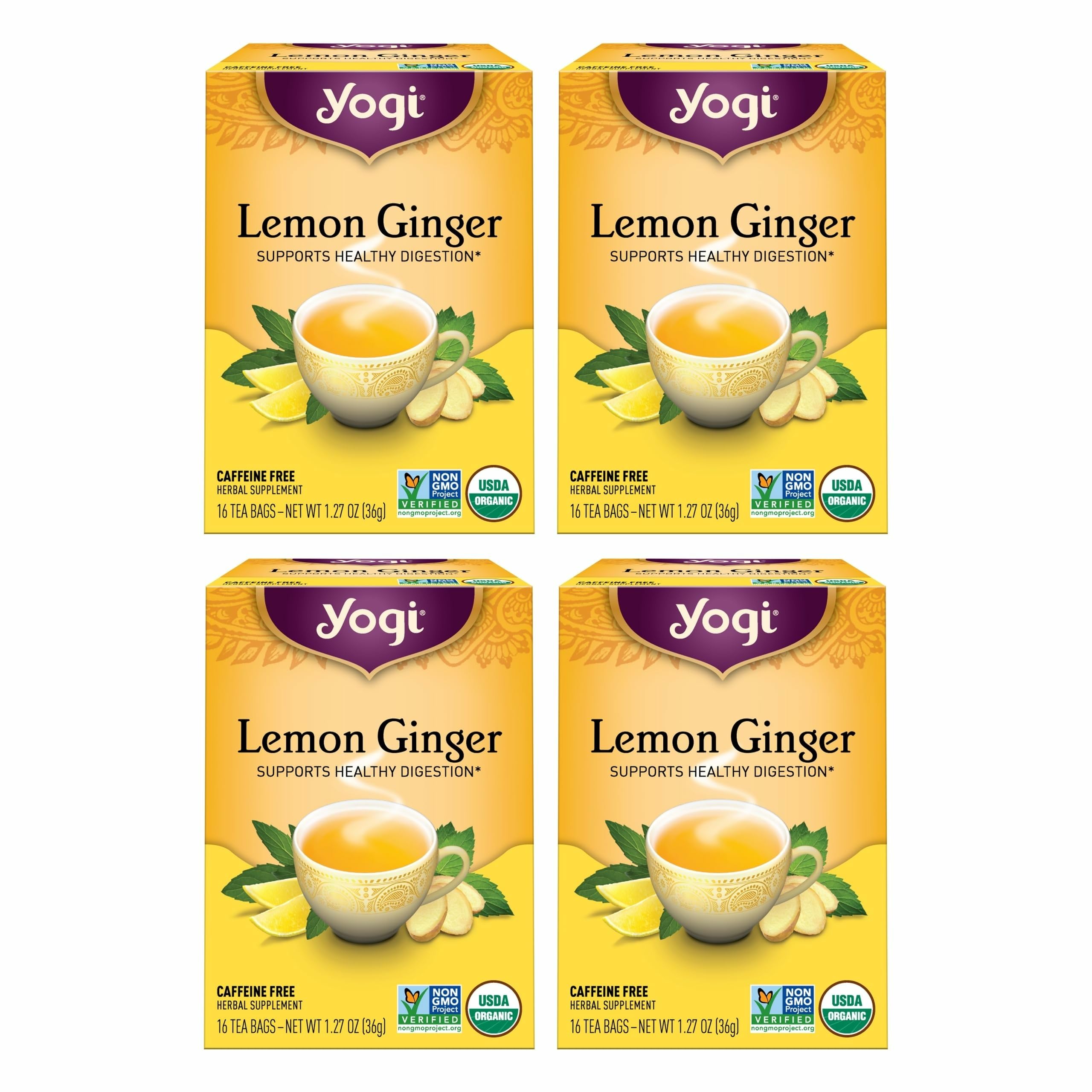 Yogi Lemon Ginger tea packaging highlights organic ingredients for a bright start