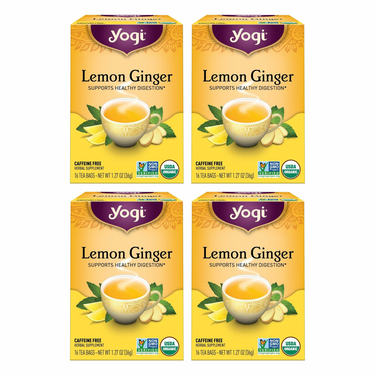 Yogi Lemon Ginger tea packaging highlights organic ingredients for a bright start