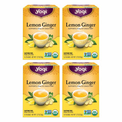 Yogi Lemon Ginger tea packaging highlights organic ingredients for a bright start