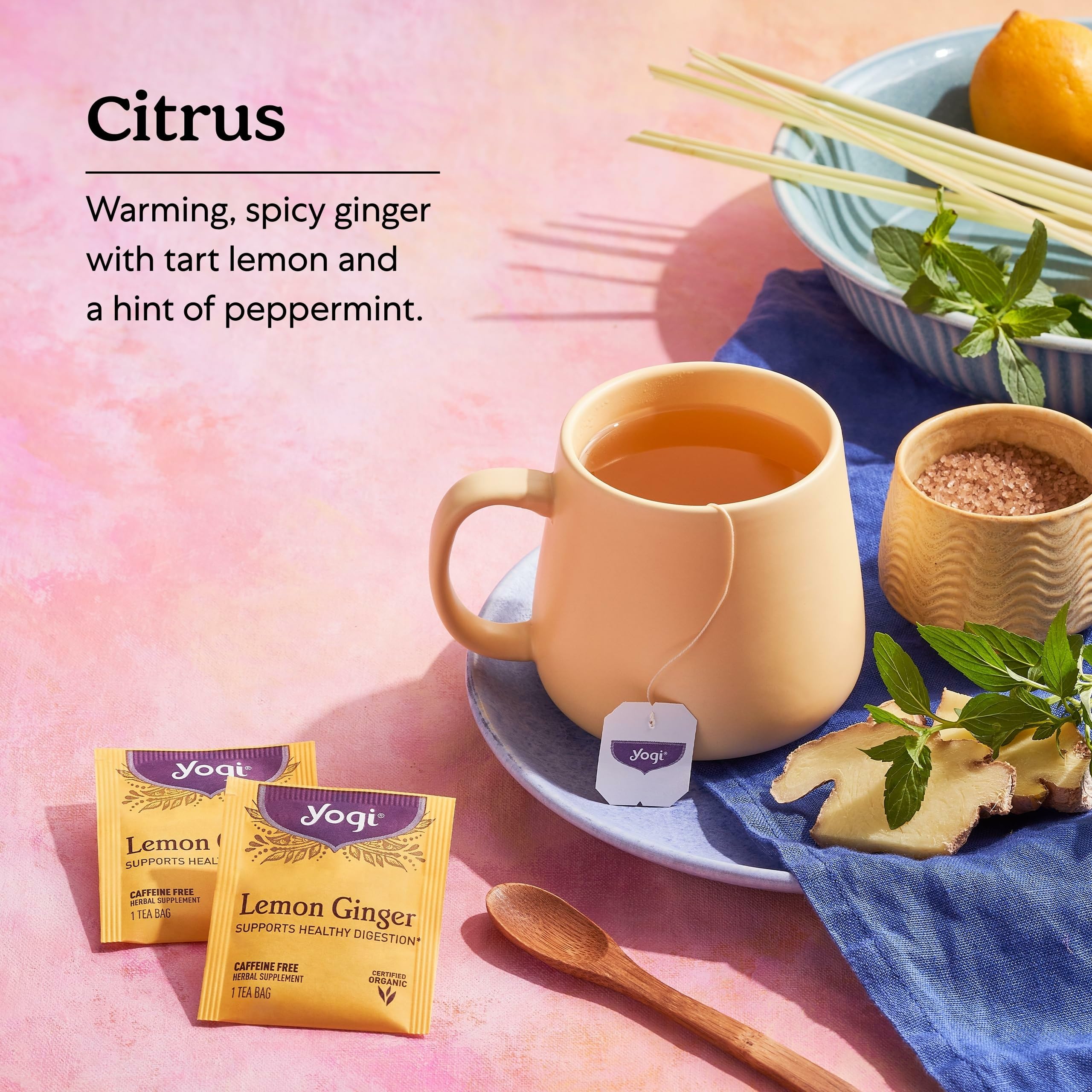 Lemongrass, lemon peel and licorice root ingredients in Yogi blend