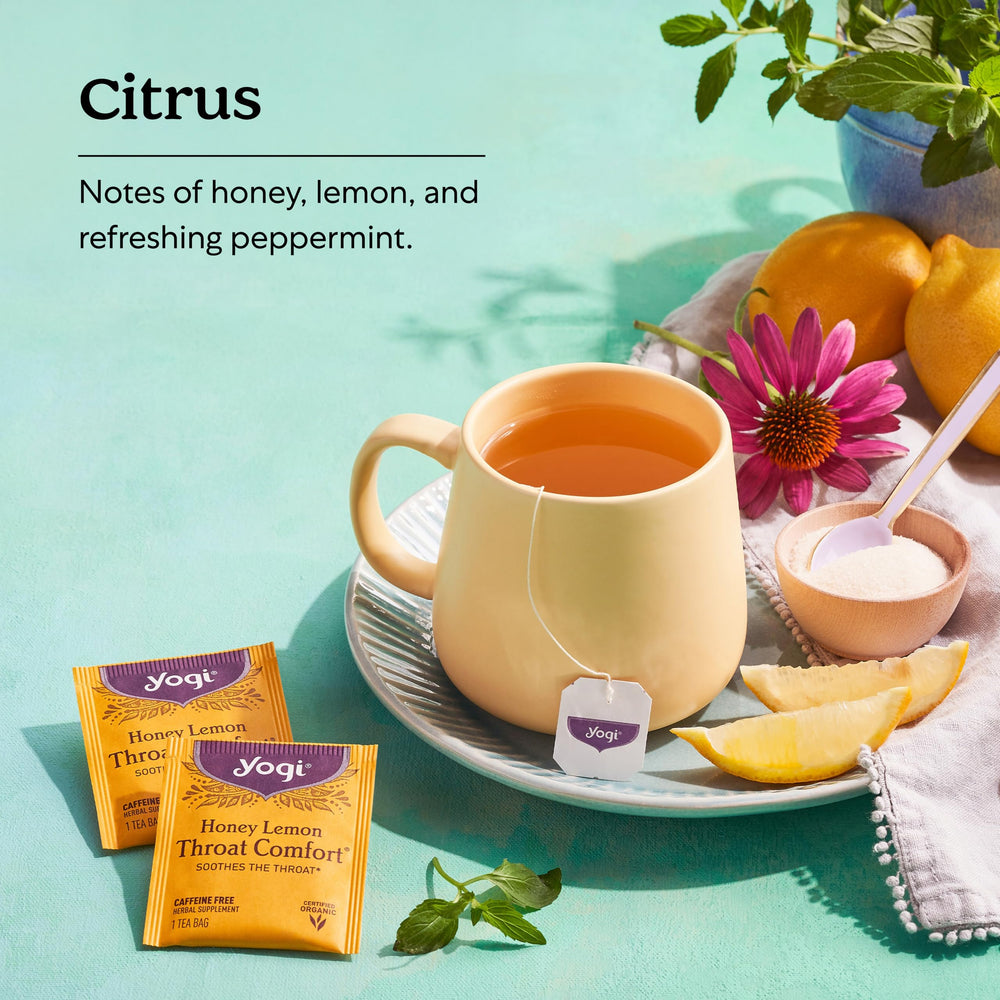 Yogi blend features lemongrass, peppermint, and other ingredients for balanced flavor.