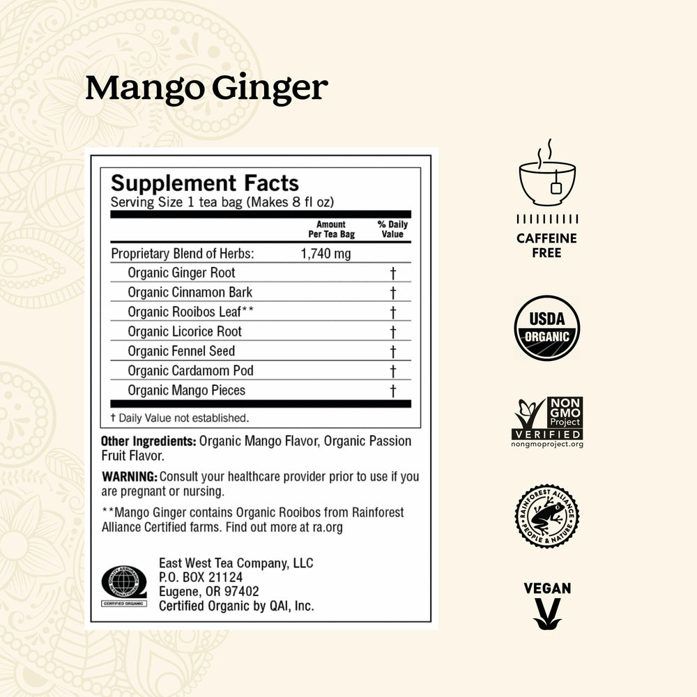 Yogi Mango Ginger Tea bags closeup highlighting ginger aroma and mango flavor.