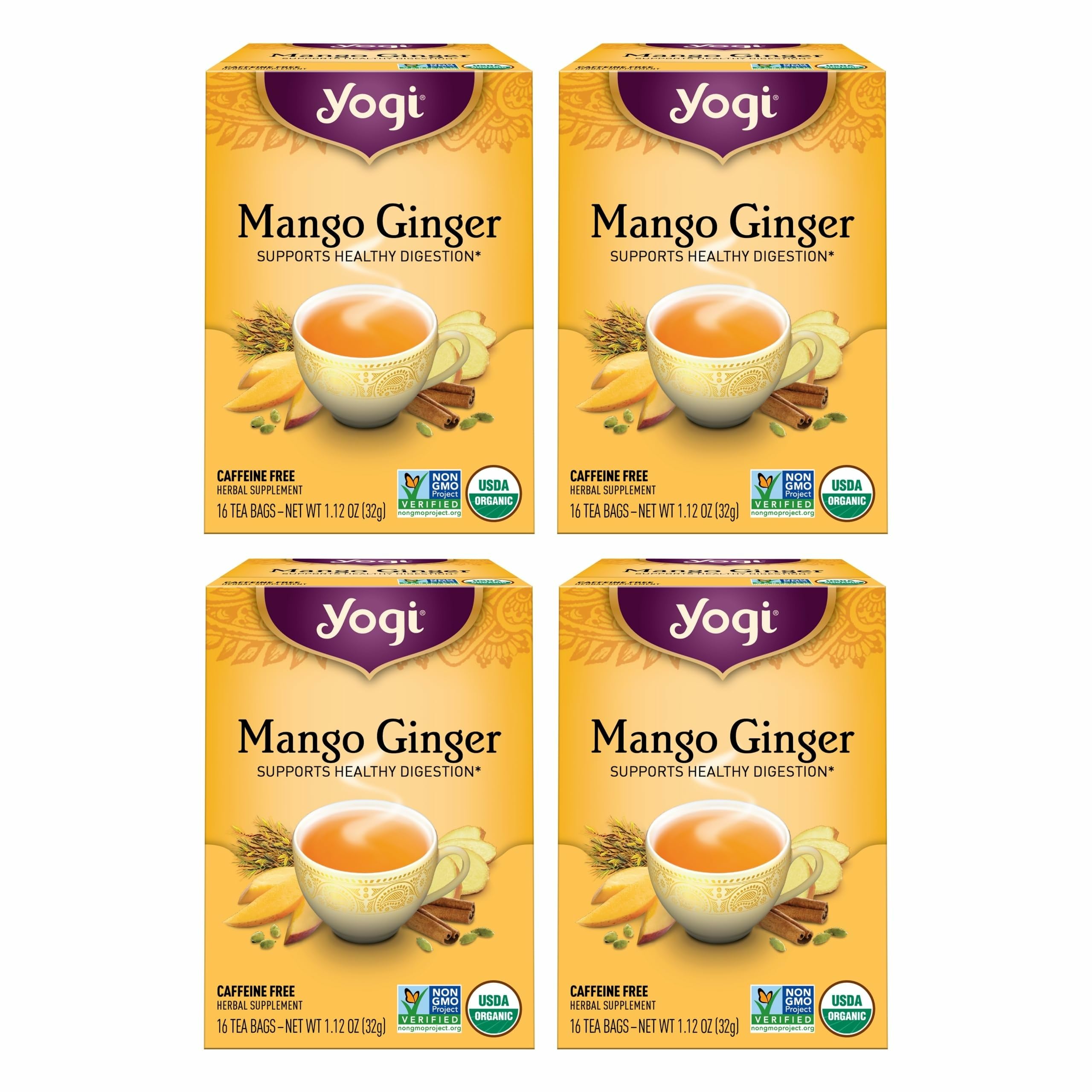 Yogi Mango Ginger tea bags ready to brew a vibrant cup after meals