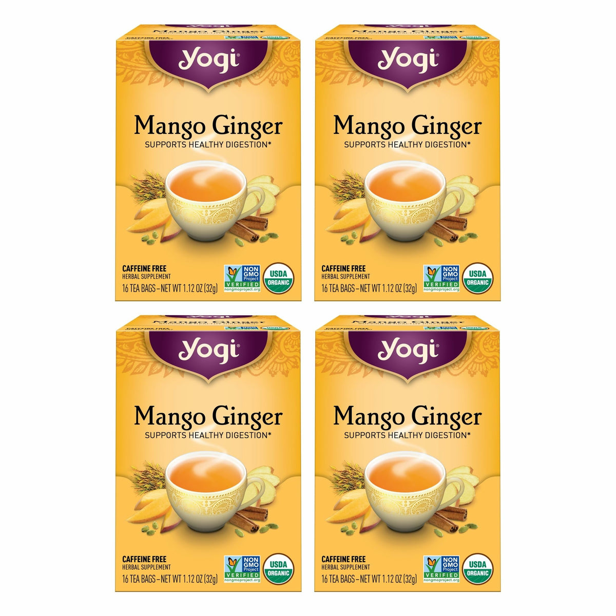 Yogi Mango Ginger tea bags ready to brew a vibrant cup after meals