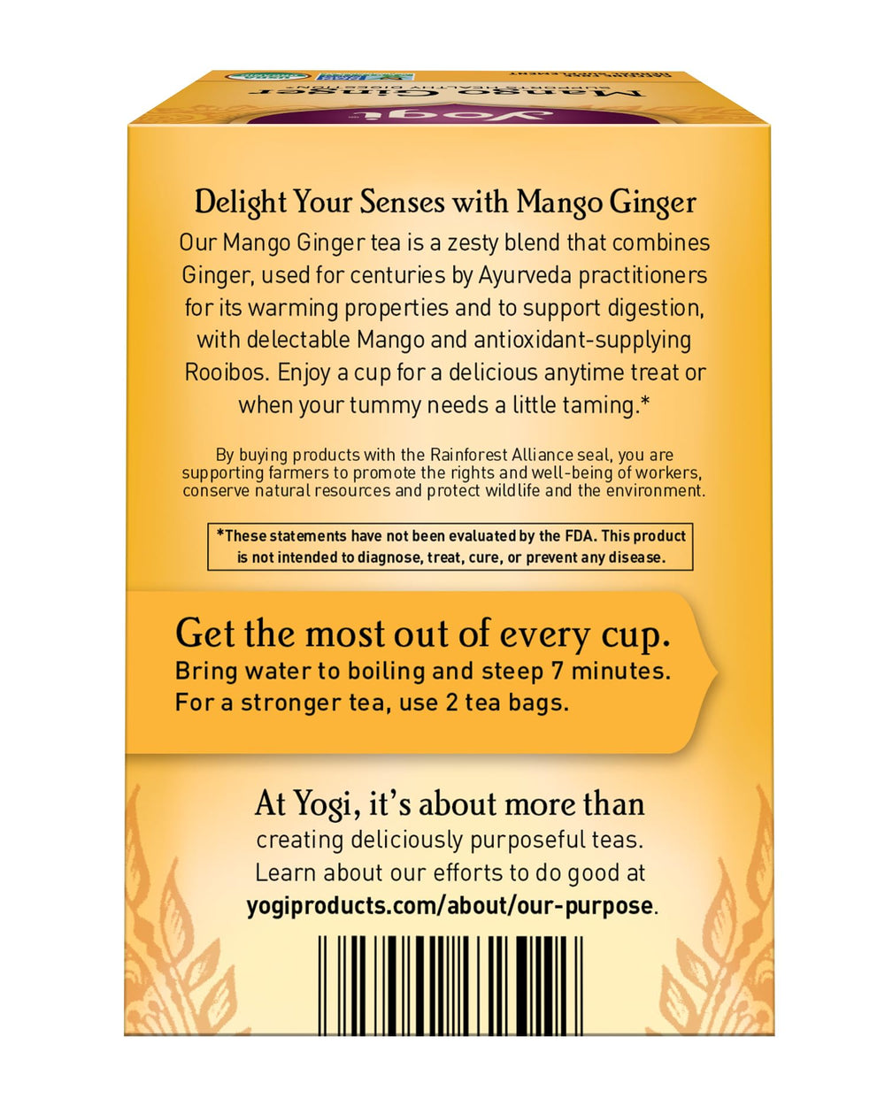 Yogi Mango Ginger tea box packaging, ready-to-brew for a cozy caffeine-free ritual