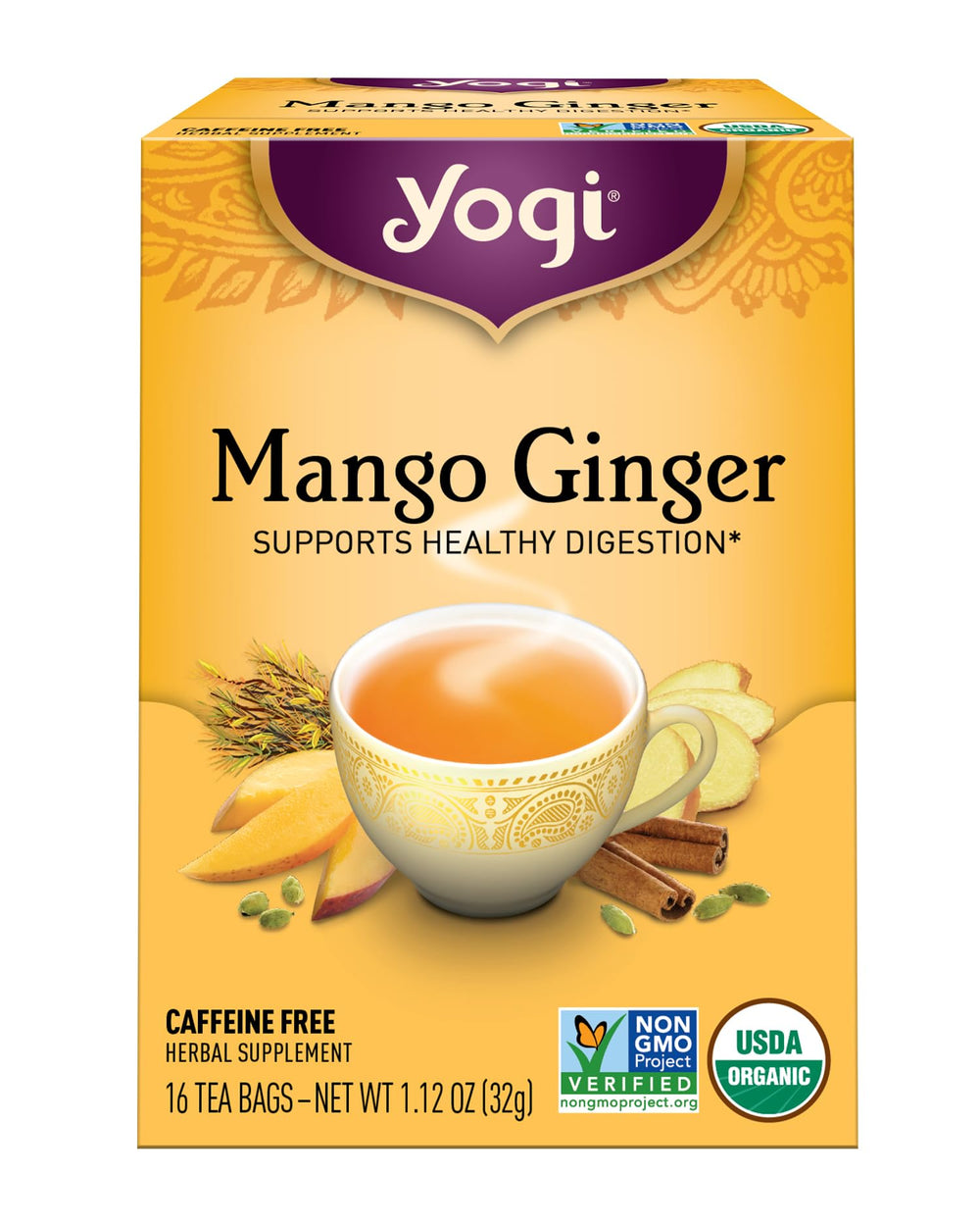 Yogi Mango Ginger tea cup steaming, ideal for digestion-friendly afternoon break