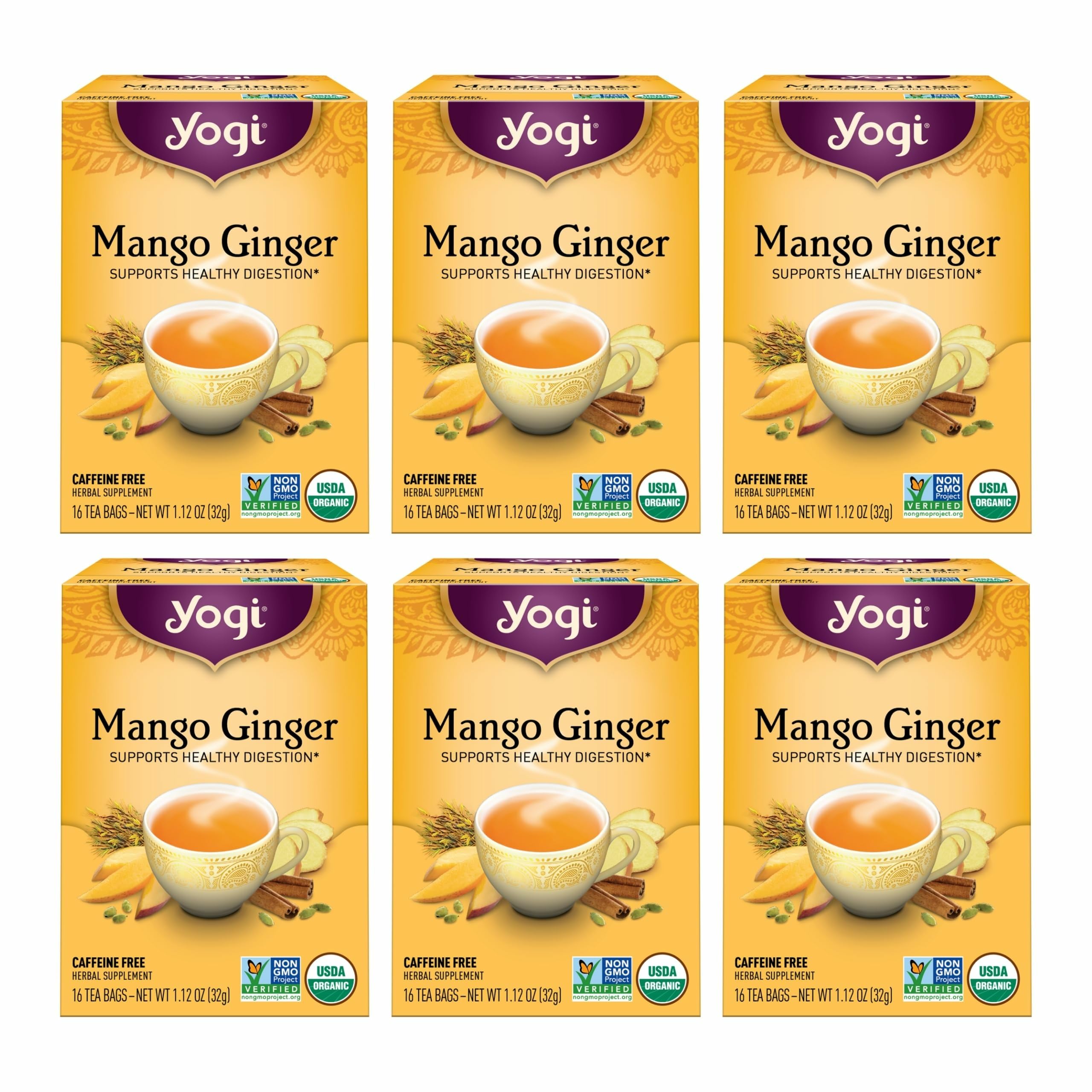Yogi Mango Ginger Tea pack front showing organic blend for digestion-friendly moments.