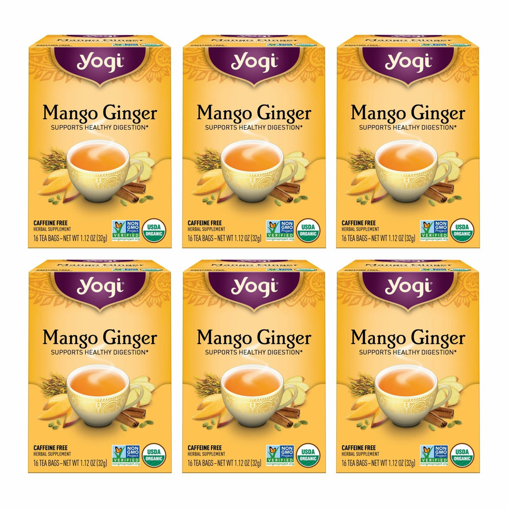 Yogi Mango Ginger Tea pack front showing organic blend for digestion-friendly moments.
