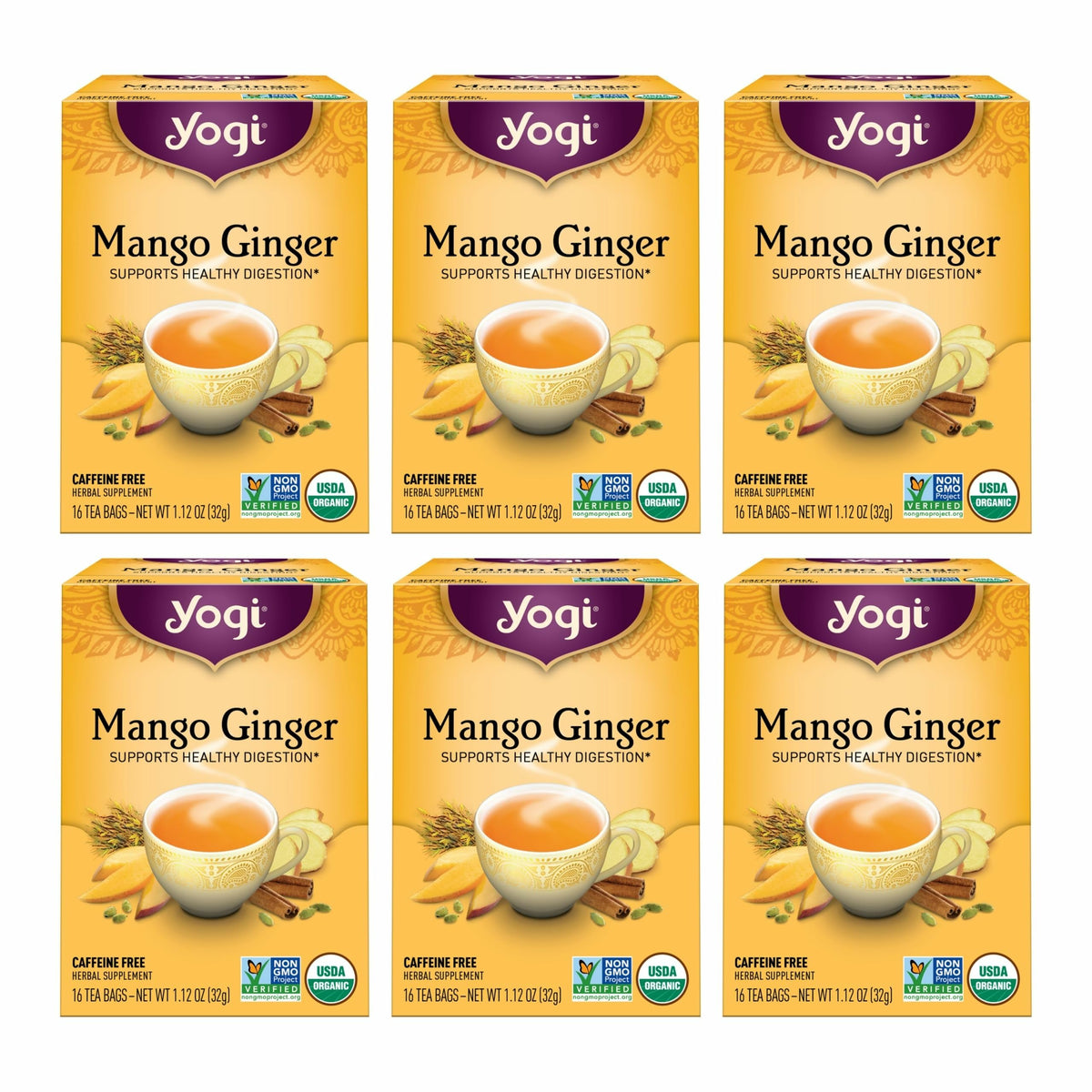 Yogi Mango Ginger Tea pack front showing organic blend for digestion-friendly moments.
