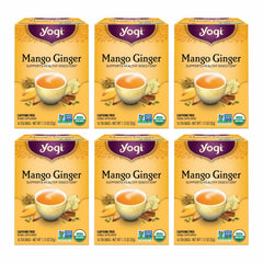Yogi Mango Ginger Tea pack front showing organic blend for digestion-friendly moments.