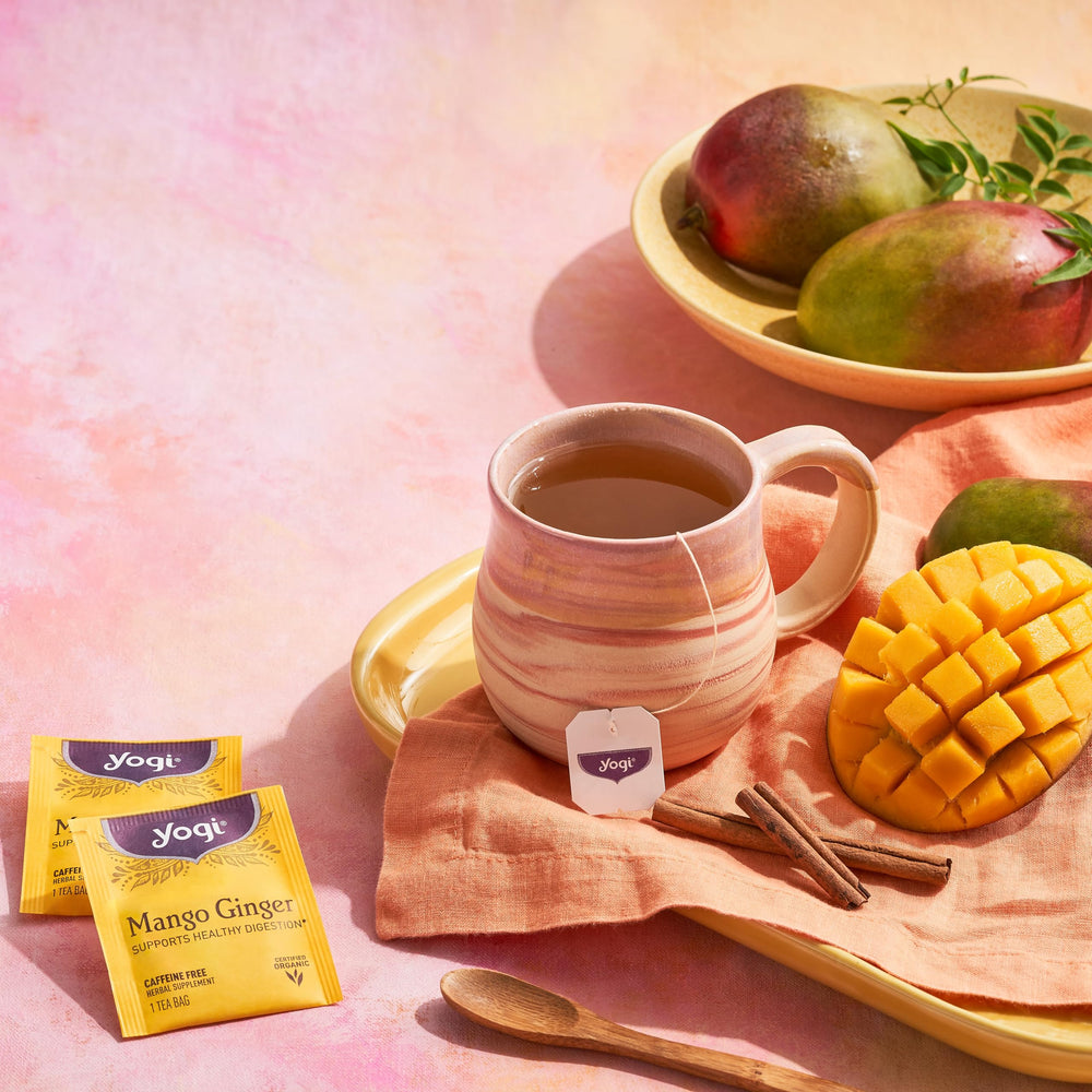 Yogi Mango Ginger spices close-up, featuring cinnamon and cardamom for warming aroma