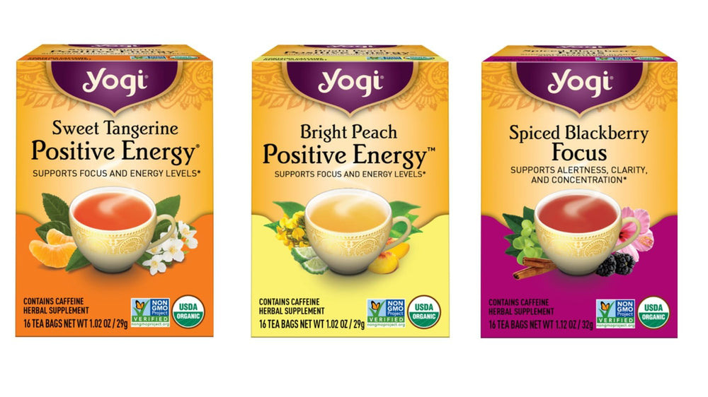Yogi Morning Energy sampler pack with tea cups for a bright start to your day.